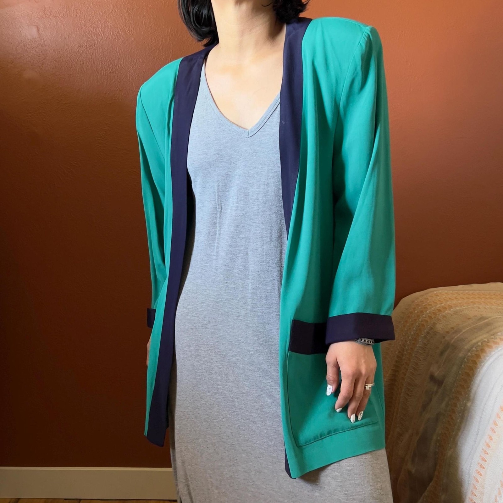 vtg 80s color blocked green open front blazer size 14 made in USA casual