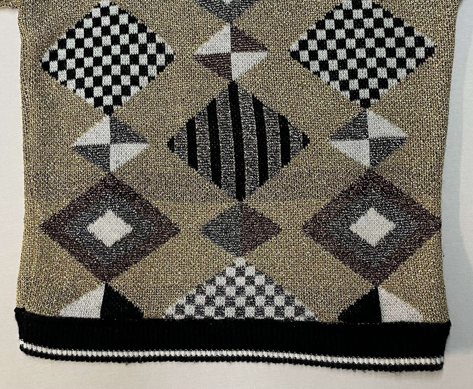 Vintage 80’s Beldoch Popper Sweater Gold Geometric Made USA Sz S Chest 38” EUC