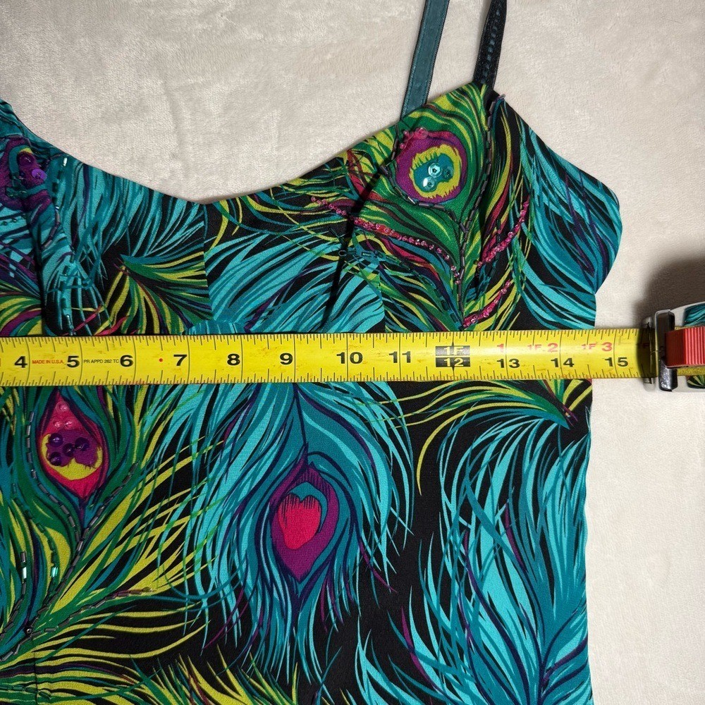 Nanette Lepore 100% Silk Peacock Feather Beaded Slip Dress Y2K Size 4 Rare