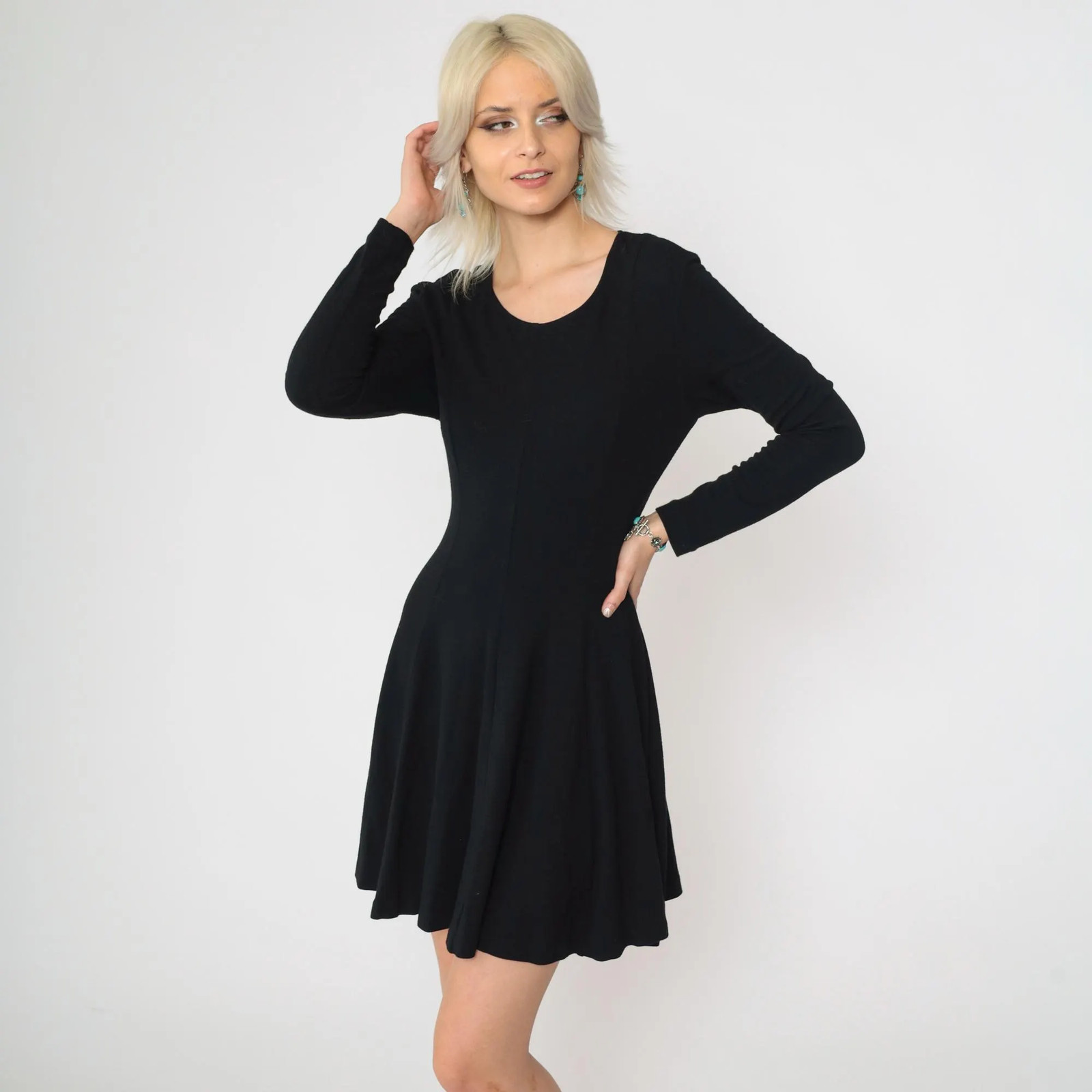 90s Norma Kamali Black Dress Vintage A-Line Skater Lace-Up Back Long Sleeve Scoo