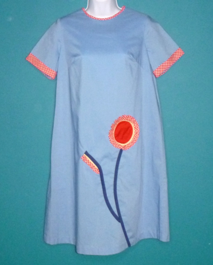 Vtg 60s Charmode House Dress Shift Blue W/ Red Gingham 3D Flower & Trim Sz S/M