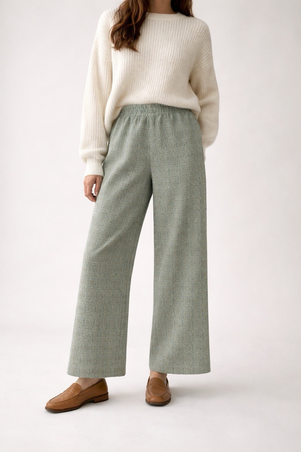 Vintage 70s Graff Californiawear Plaid Sage Green Wide-Leg Pants Elastic Waist S