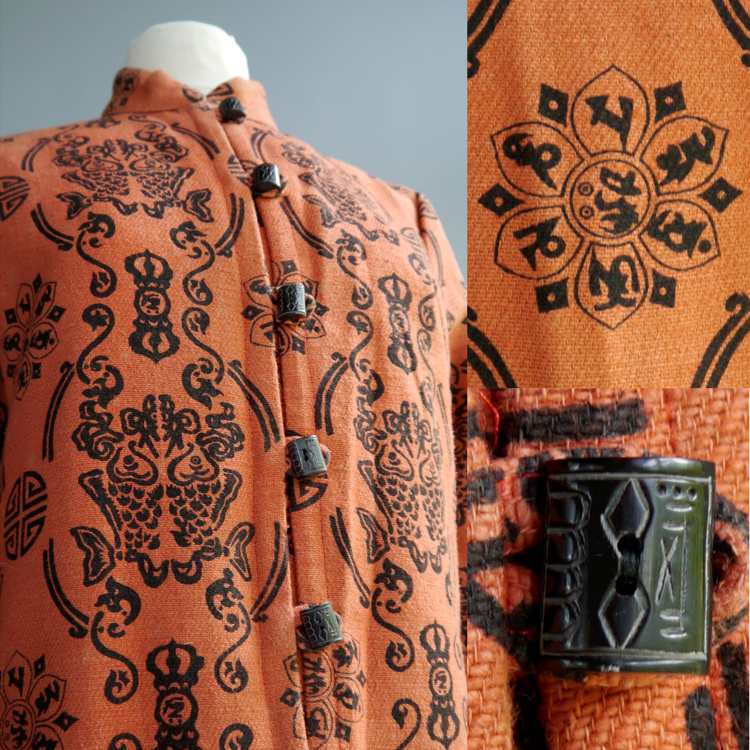 Vtg Hippie Festival Tribal Jacket Mandarin Carved Bone Buttons Cheppu Nepal S
