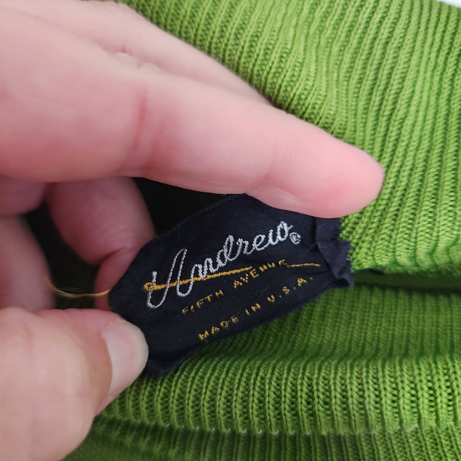 Vintage 70s Andrew Fifth Ave Avocado Green Turtleneck Shirt Rainbow Trim Size 14