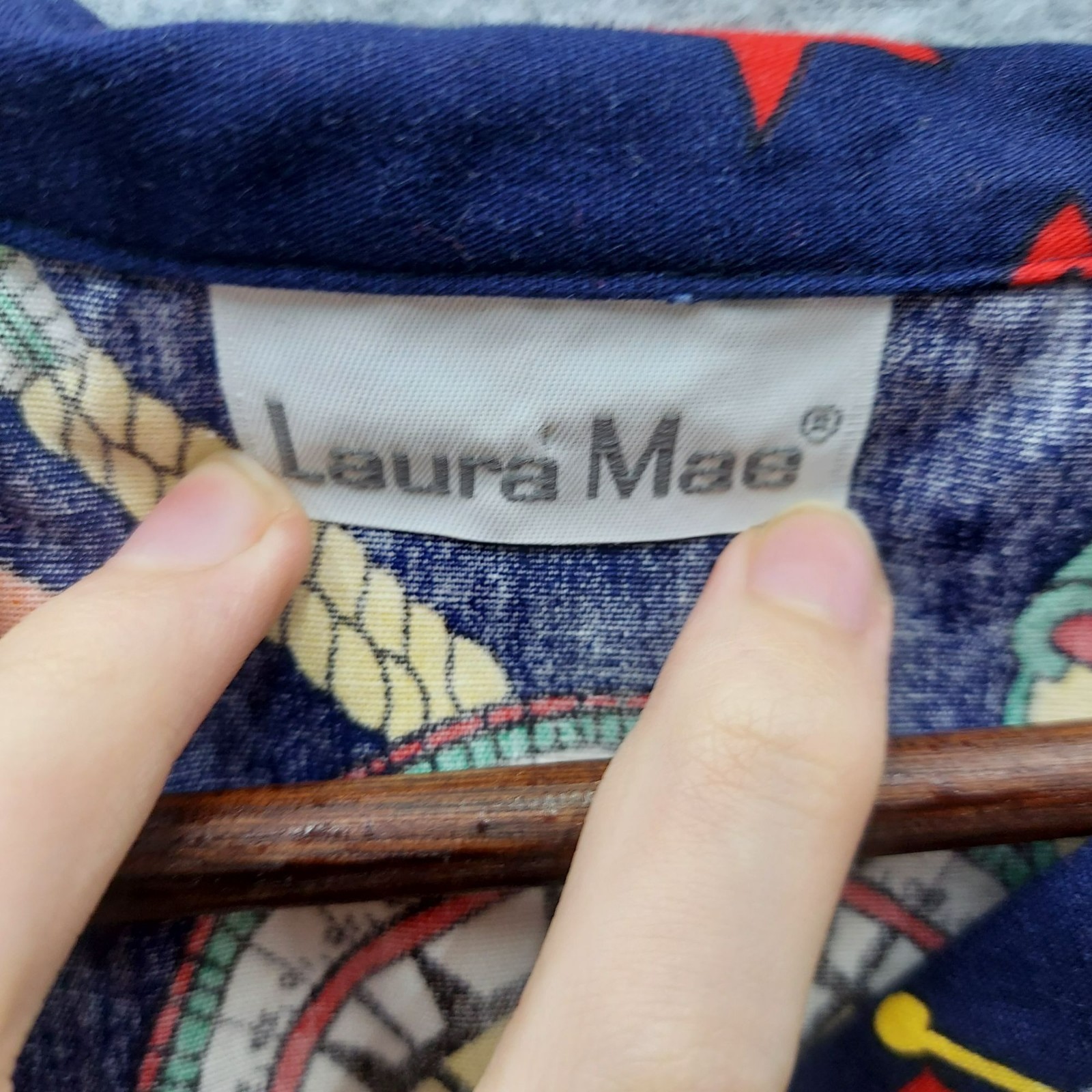 Vintage Laura Mae Nautical Print Button-Up Blouse With Short Sleeves Navy Red &