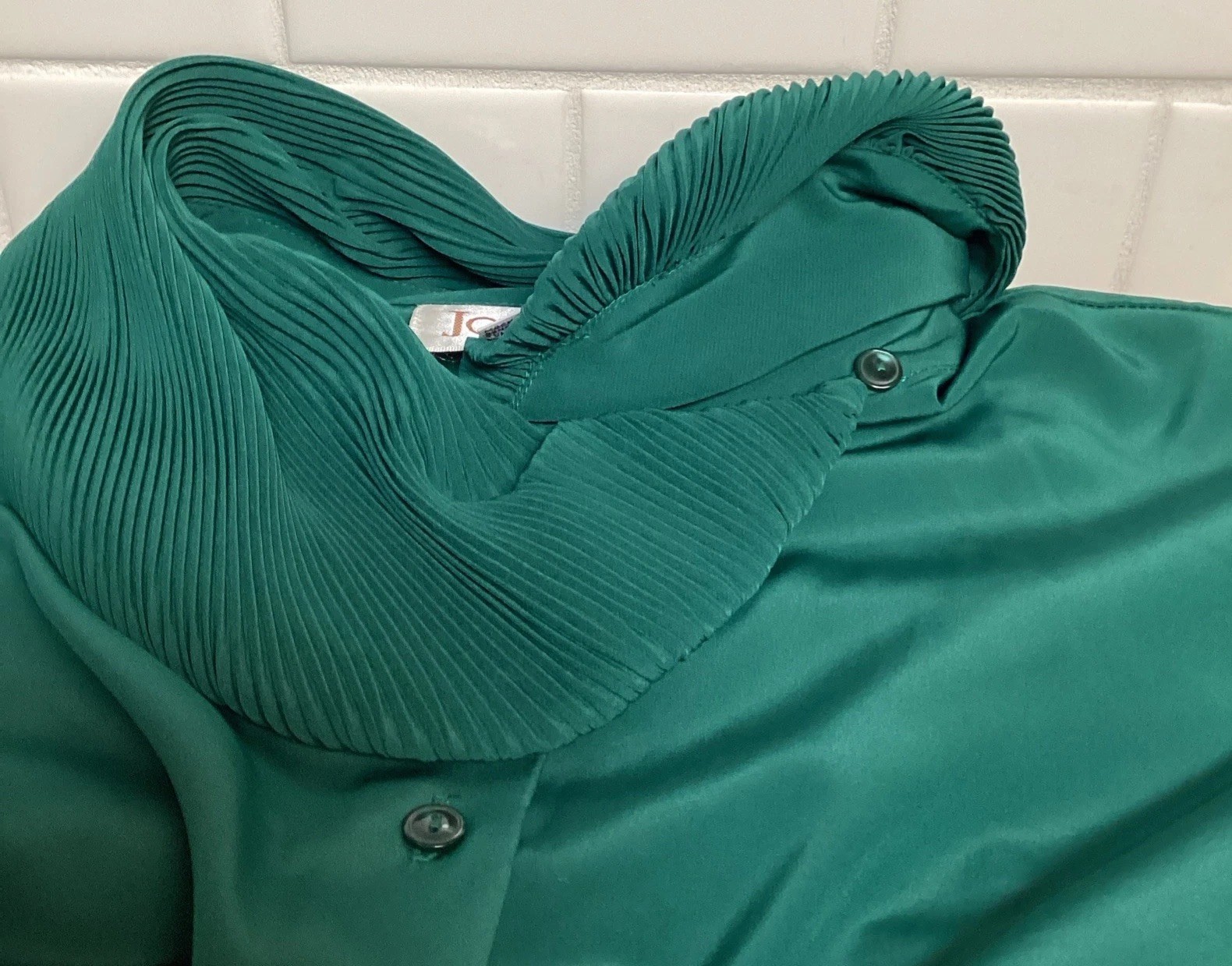 Womens Vintage Emerald Hunter Green Dress Blouse Sz 14 Elegant Pleated Cowl Neck