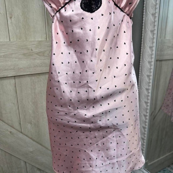 Y2K Pink Heart Slip Dress Lingerie with Black Lace – Large