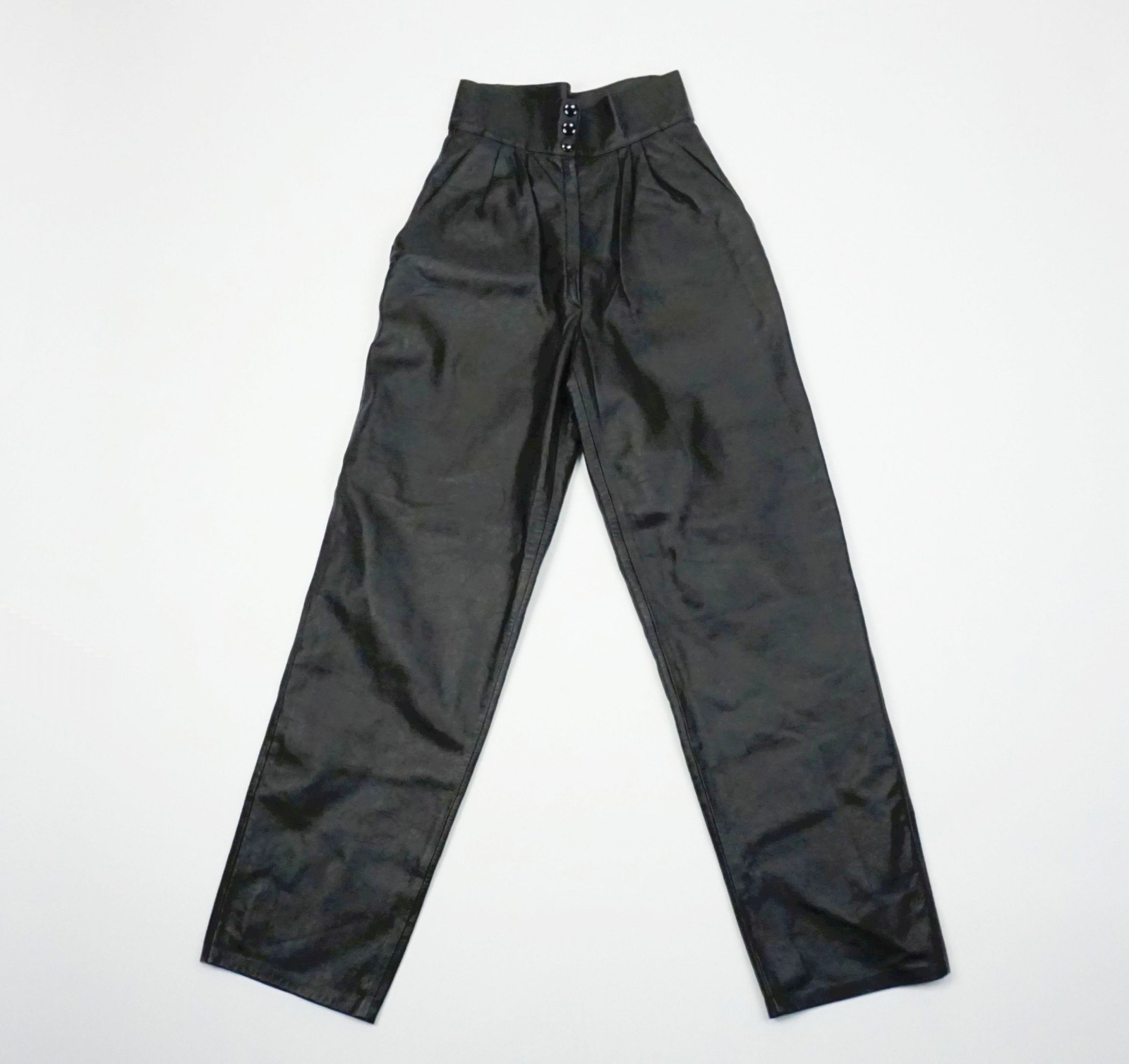 vintage 1980s high waist pleated leather pants black leather size XS