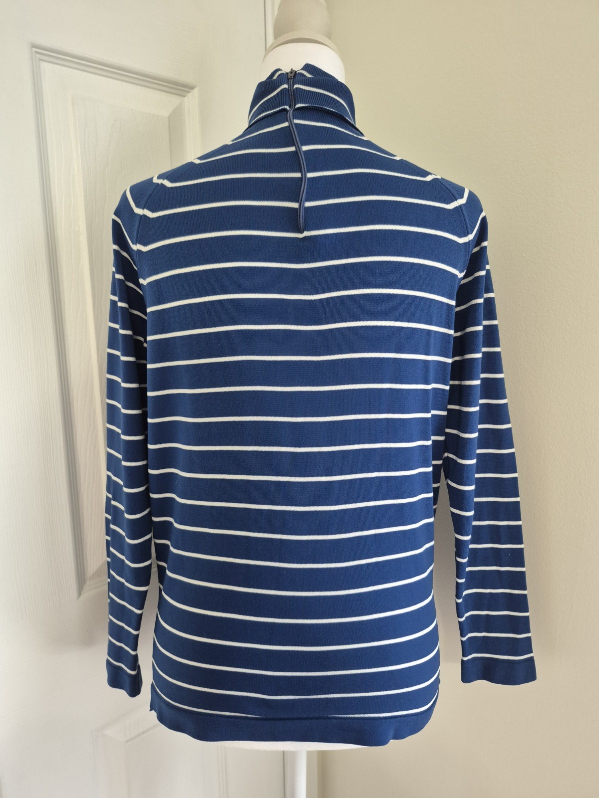 Vintage 70s Style Blue White Striped Ribbed Turtleneck Back Zip Women -Small