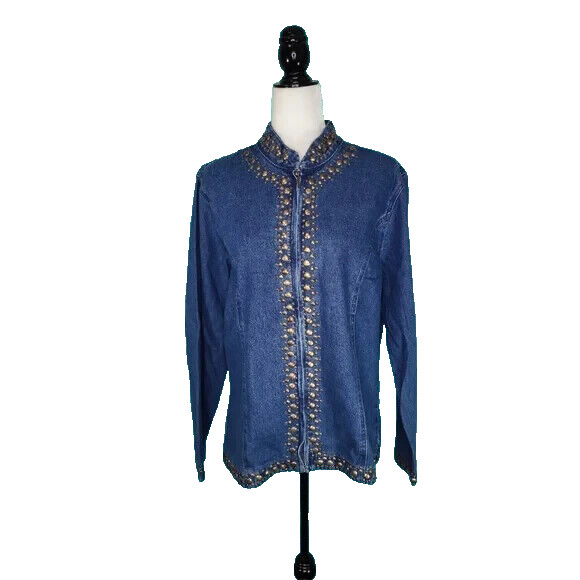 Vintage Keren Hart Women’s Jean Size L 90’s Brass Studded Full Zipped Blue Denim