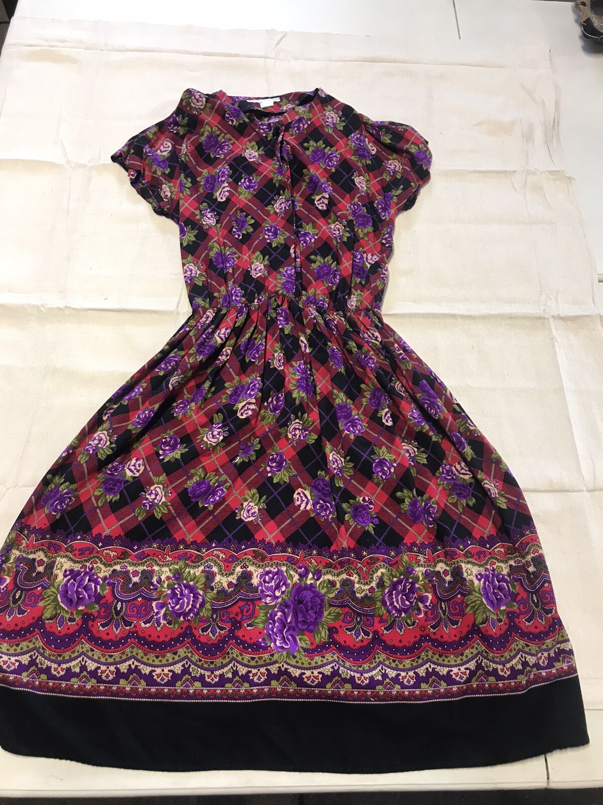 vtg dress rose motif plaid cottagecore boho prairie sz 10 fashion v2629