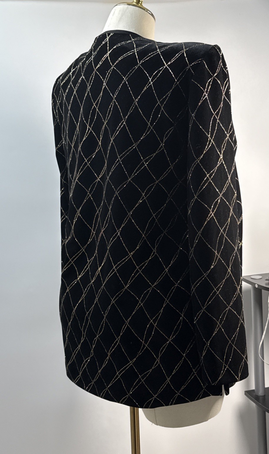 J.B.S. LTD. Size 12 Vintage Velvet Metallic Grid Open Front Jacket Black/Gold
