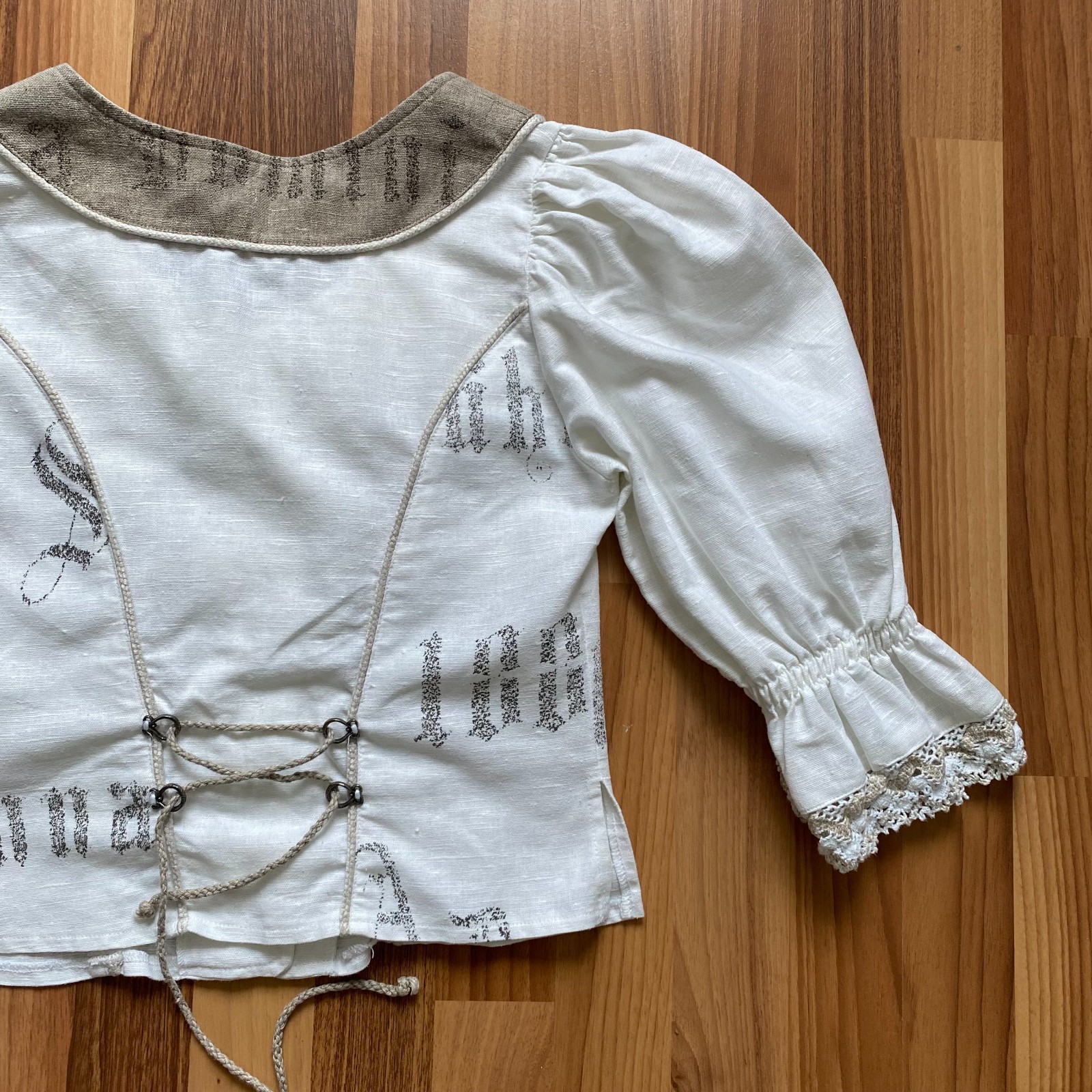 Vintage German Linen Puff Sleeves Blouse Button Front Corset Cottagecore Folk 34