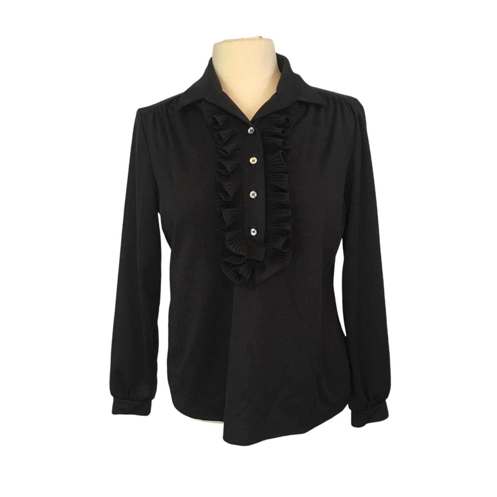 Lee Mar Vintage Womens Black Knit Secretary Blouse, Ruffle Front, 40 bust, Top