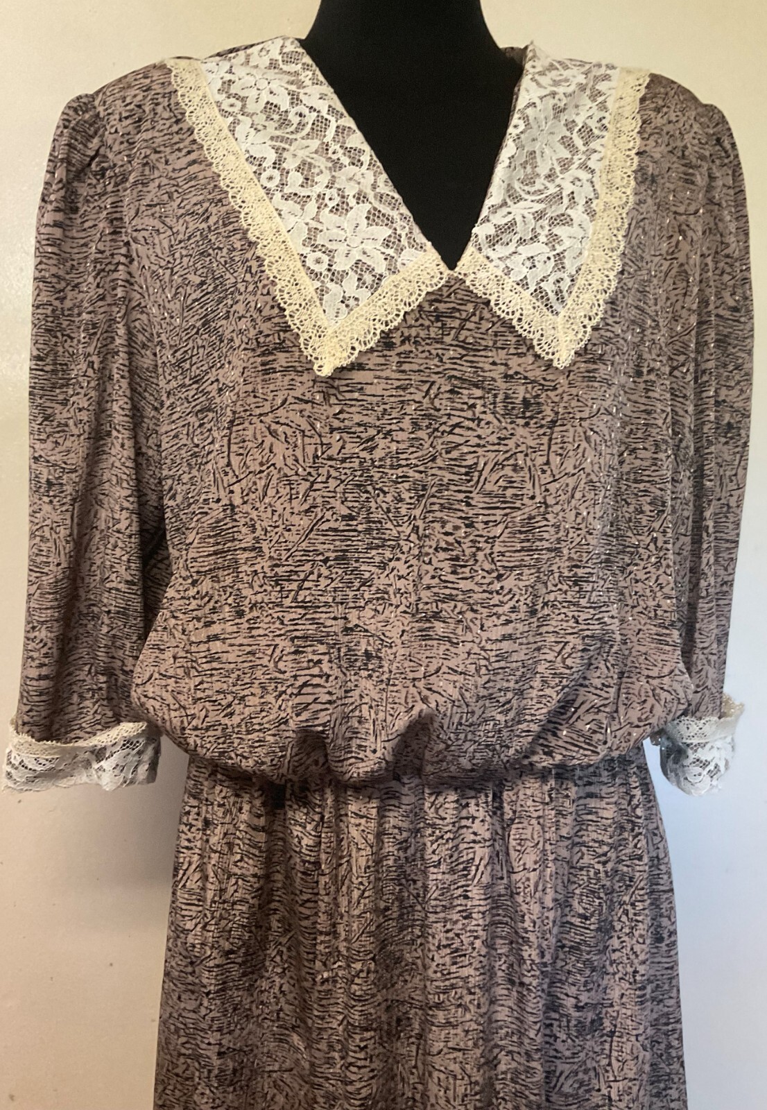 Vintage 1980s Black Patterned Dress with Lace Collar & Cuff-Large-Lorac Original