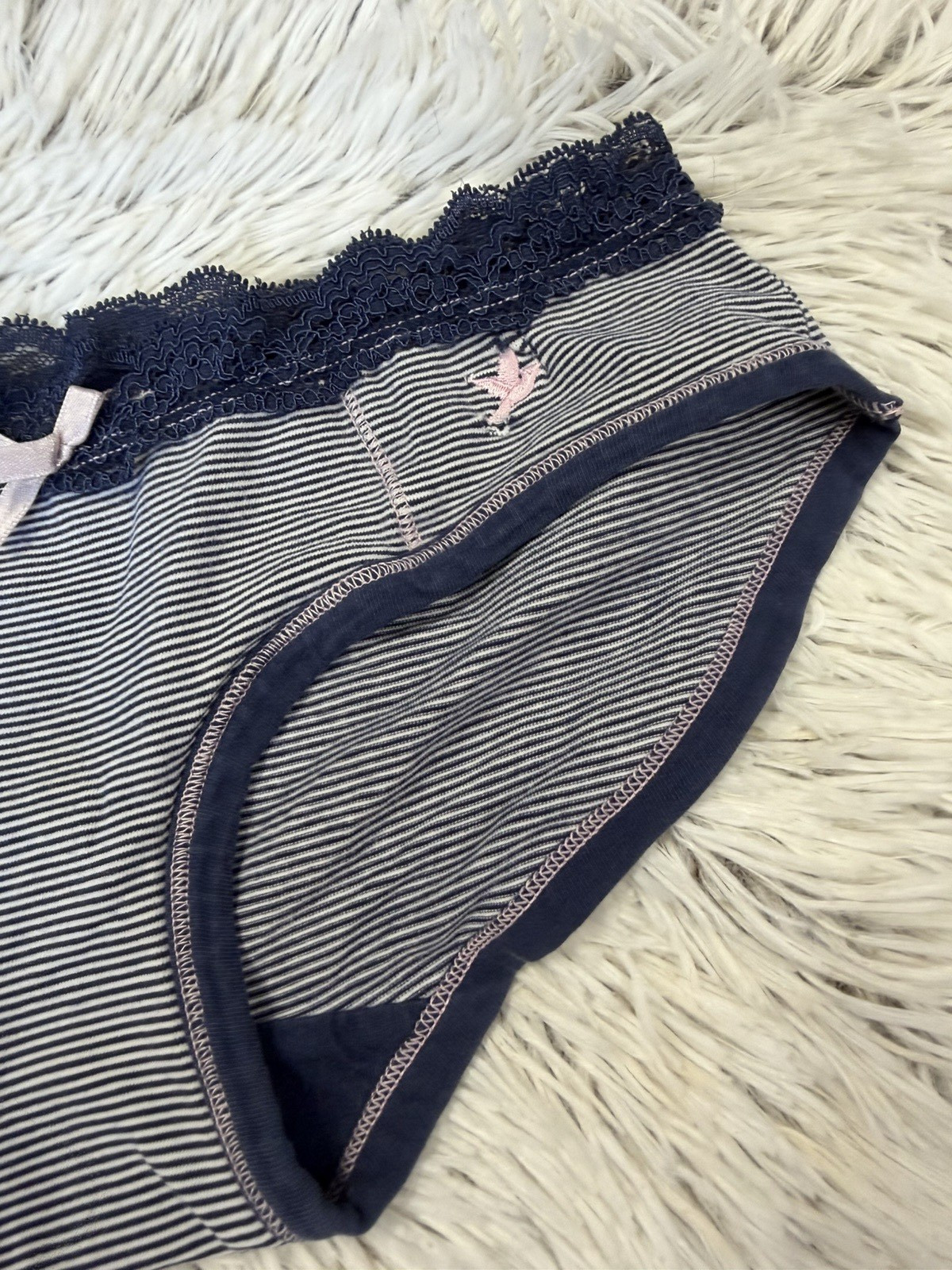Vintage Y2K Aerie Sm Cotton Blue Striped Hipster Bikini Panties Lace Trim bow