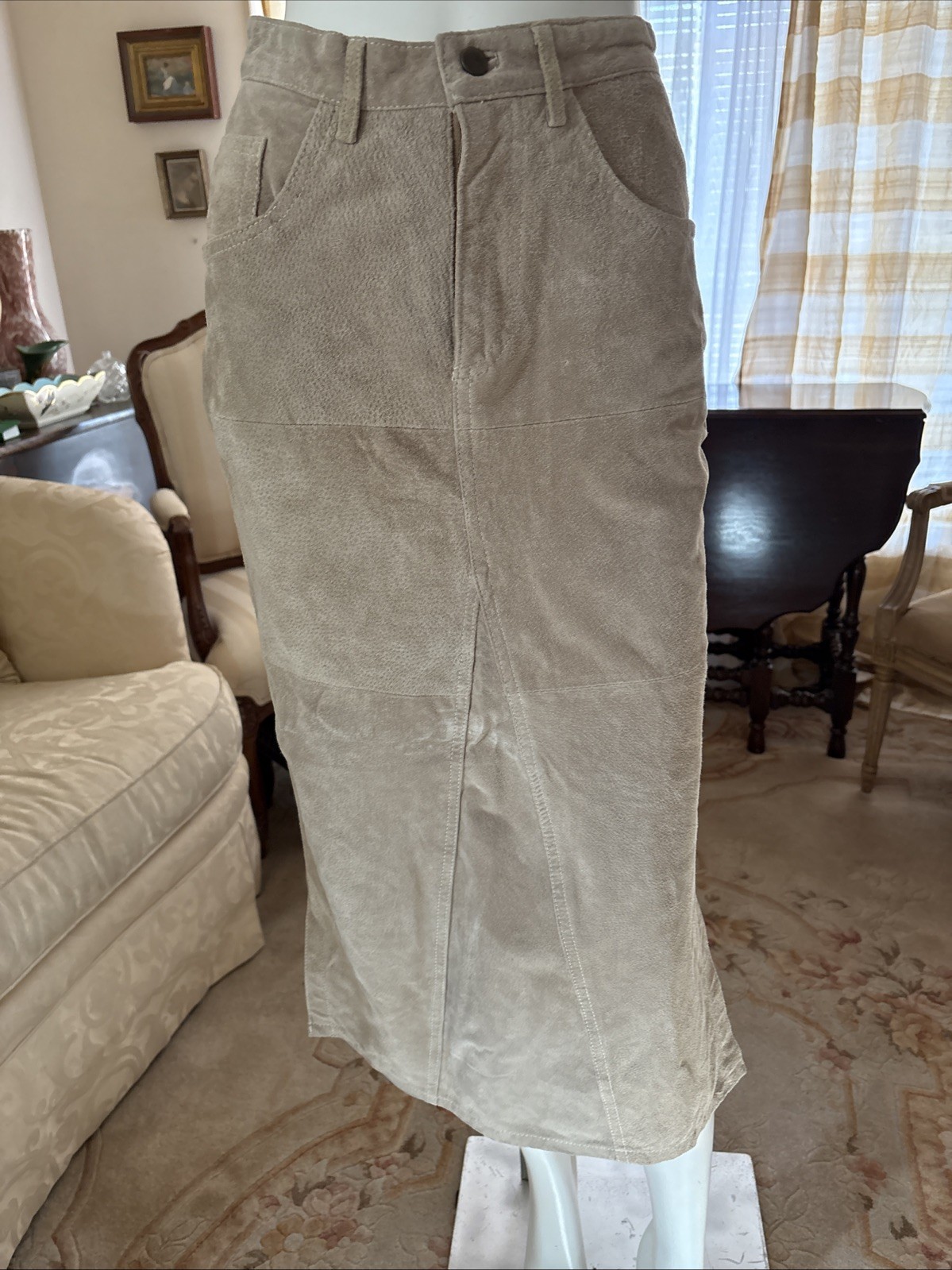 Vtg Neutral Zone Tan Suede Genuine Leather Pencil Skirt Lined Pockets Slits Sz 5
