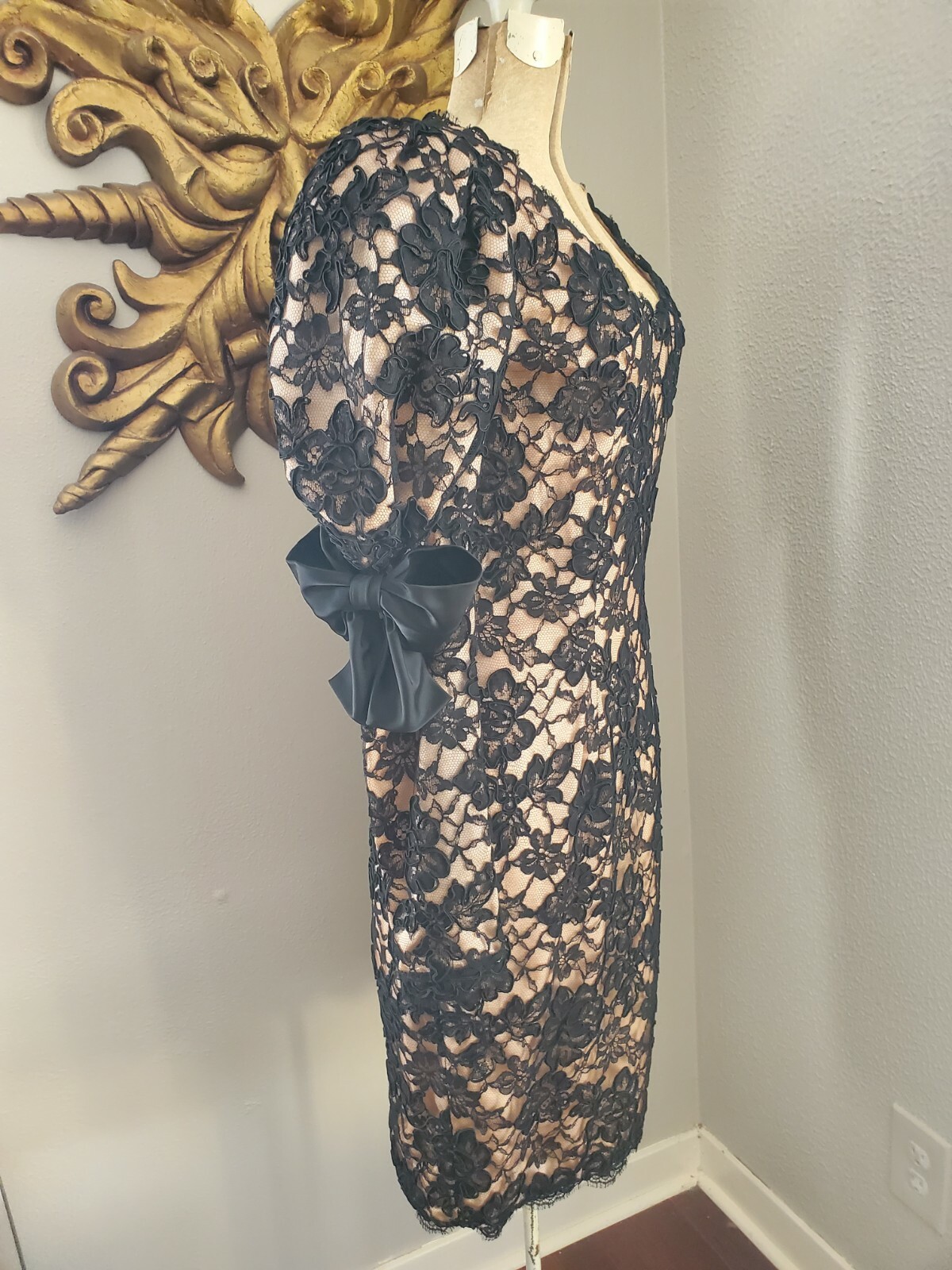 VTG 80’S ISABELLE ALLARD BLACK FLORAL LACE PRINCESS BOW VICTORIAN PARTY DRESS XS