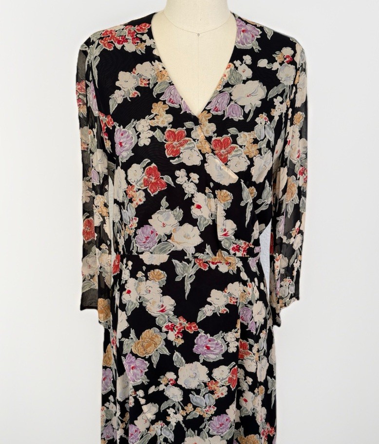 Giorgio ARMANI Le Collezioni Black Floral Faux Wrap Midi Dress Dark Romance Y2K
