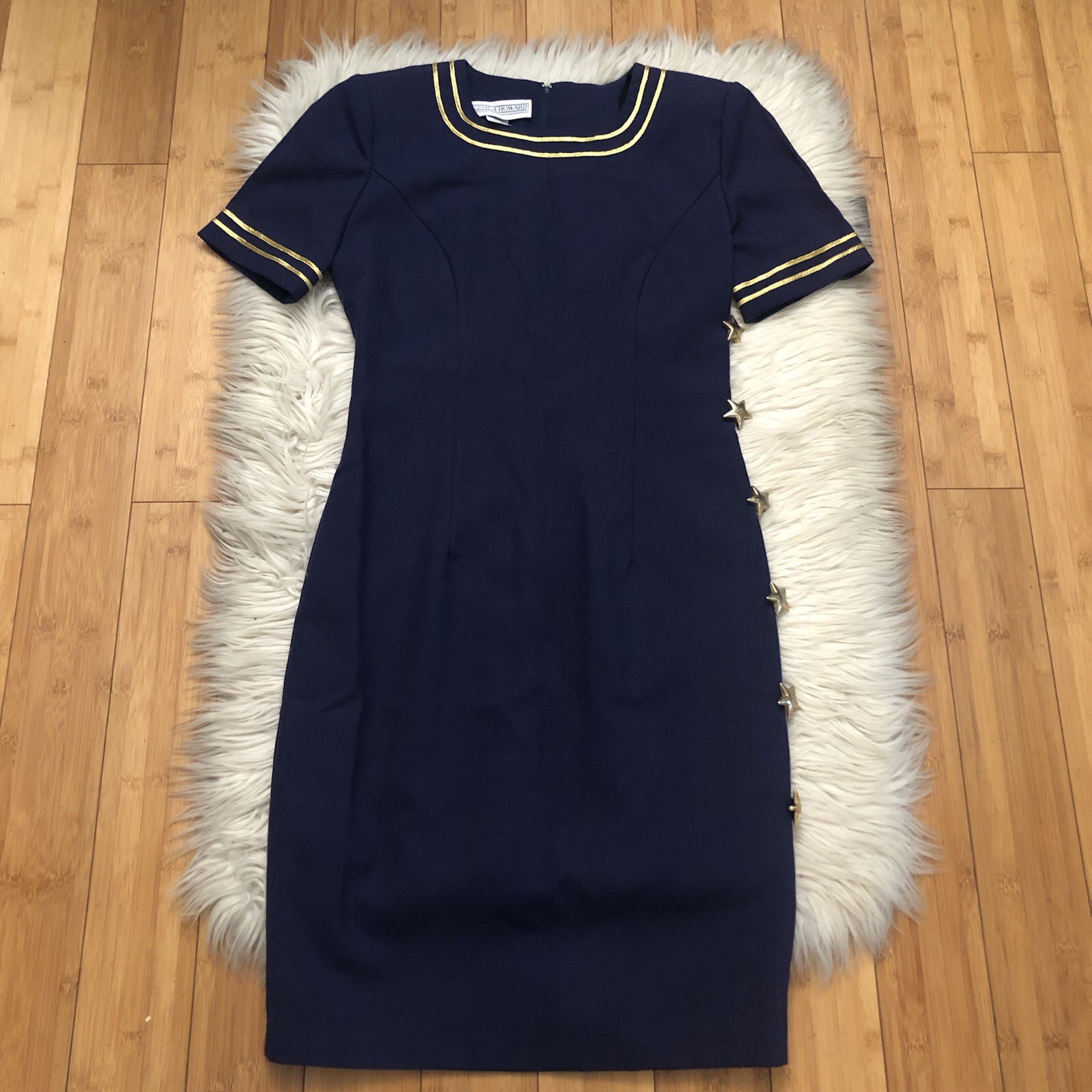 Jessica Howard Sailor Nautical Stars Linen Navy Gold Trim Sheath Dress size 6