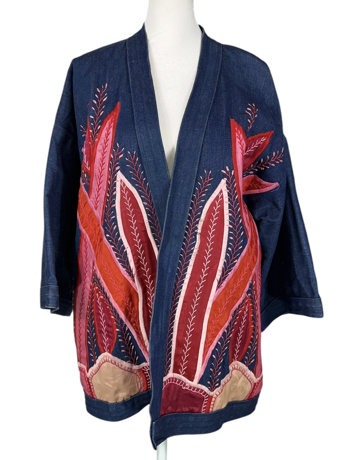 Vtg Judith Roberts La Coleccion Fiber Art Denim Kimono Coat Satin Snake Plants L