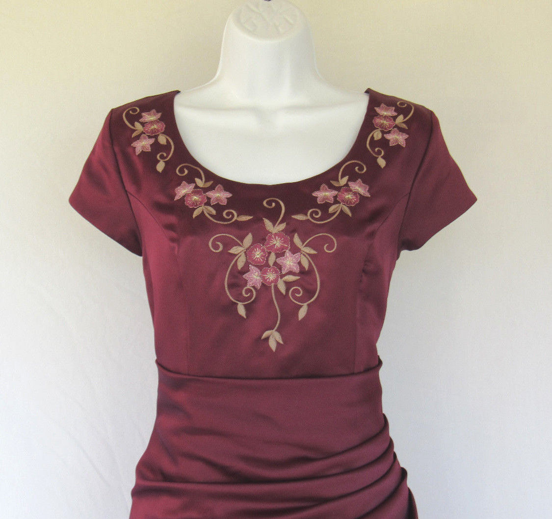 VTG 1970s 80s SAKS FIFTH AVENUE EVENING FORMAL DRESS BURGUNDY WINE EMBROIDERY