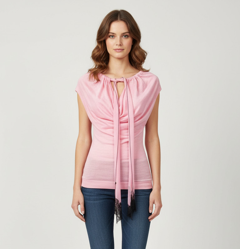 NINA RICCI Top Pink Cashmere Silk Tie Lace Blouse Medium 38 4 US Vintage NEW