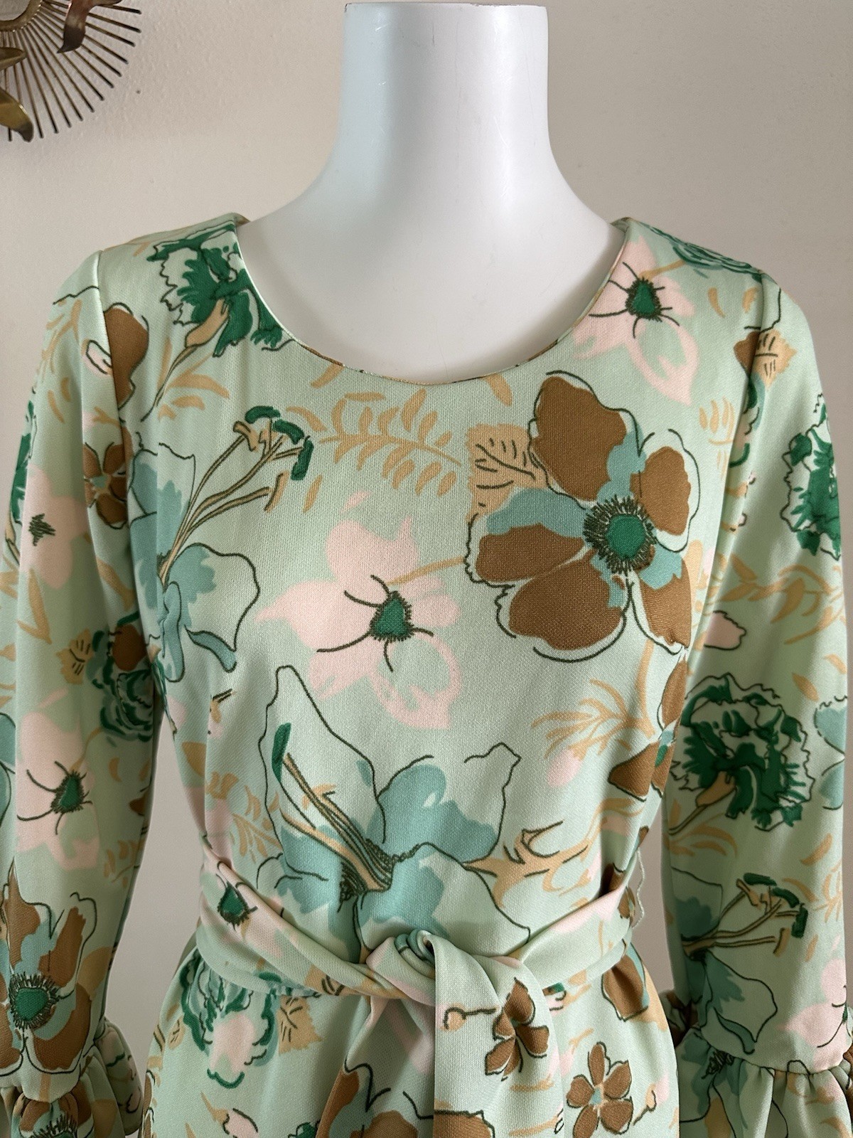 1970s Joan Curtis Floral Maxi Dress Mint Green Ruffle Belt Boho Resort Vintage