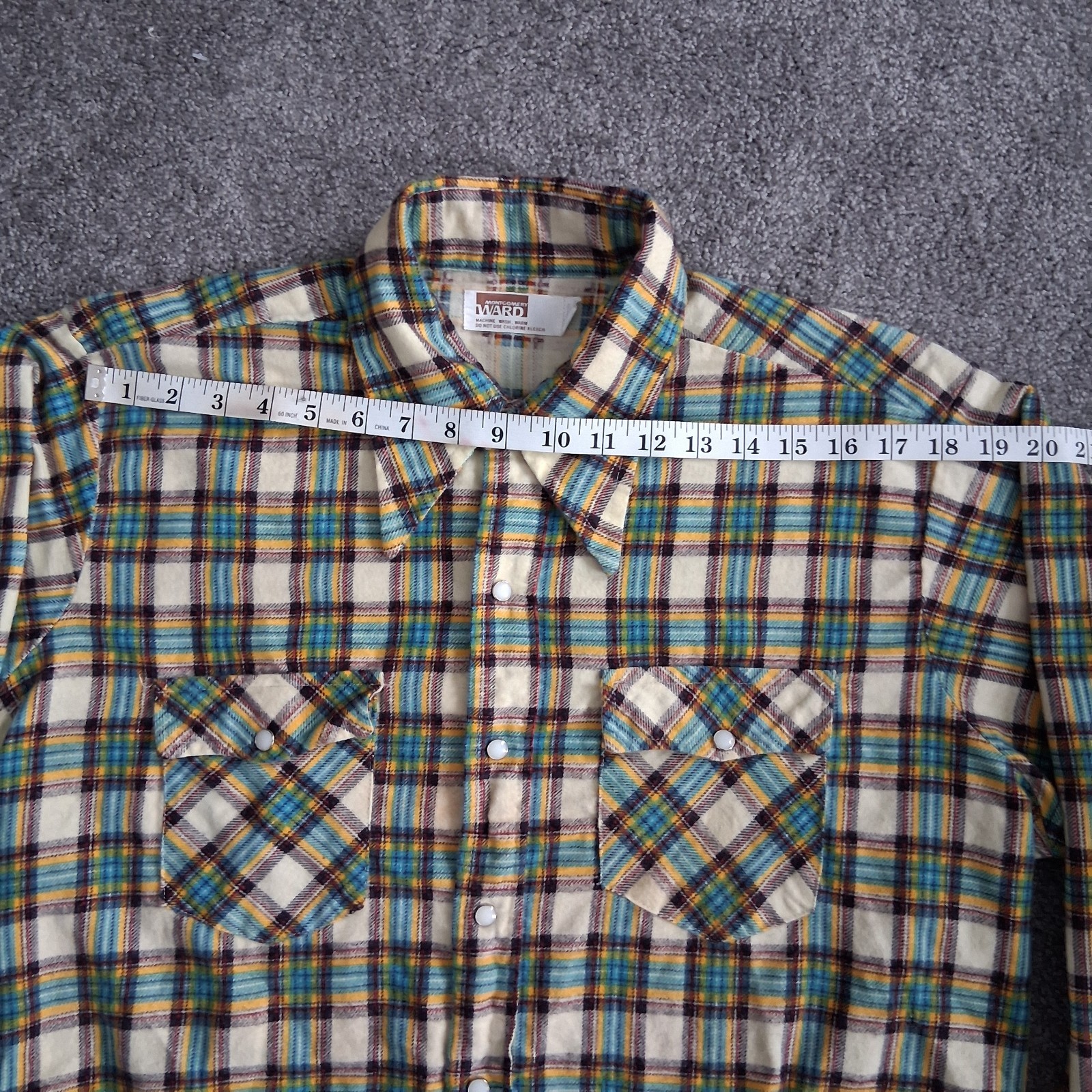 Vtg 70s Montgomery Ward Plaid Flannel Shirt | Retro Blue Yellow White Grunge L
