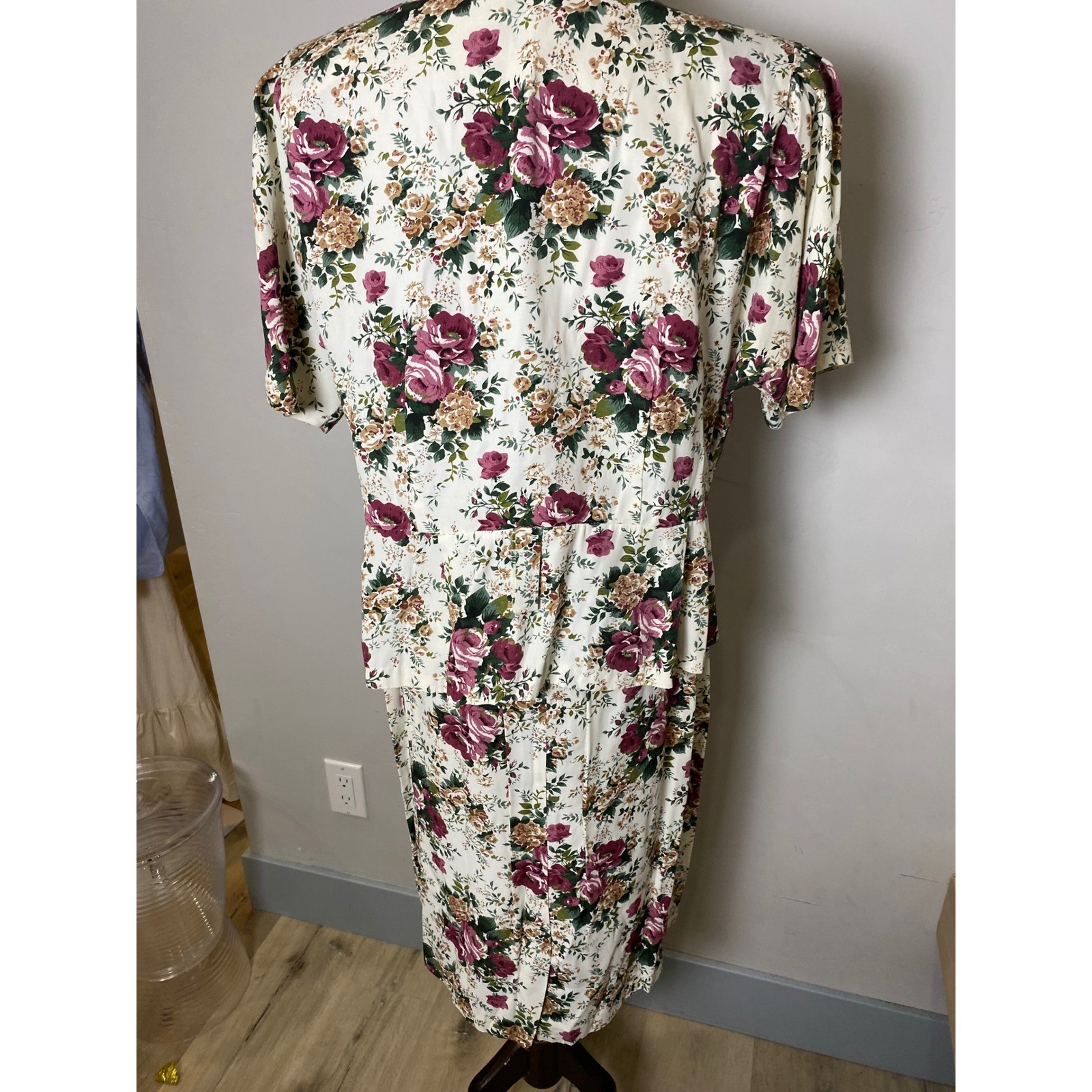 Vintage Asriel USA Floral 2 Piece Skirt Set Lace Trim Crochet Buttons 80s 90s L
