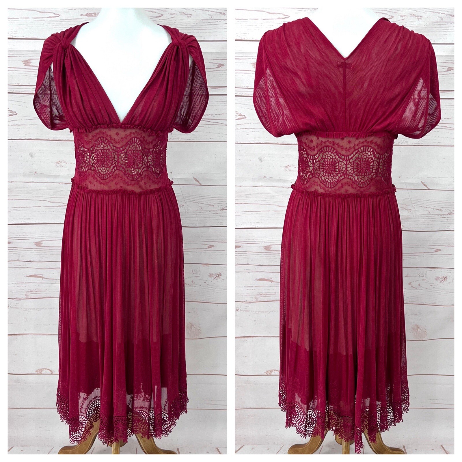 Vintage Y2K Max Studio Red Mesh Lace Renaissance Maiden Formal Prom Dress 2