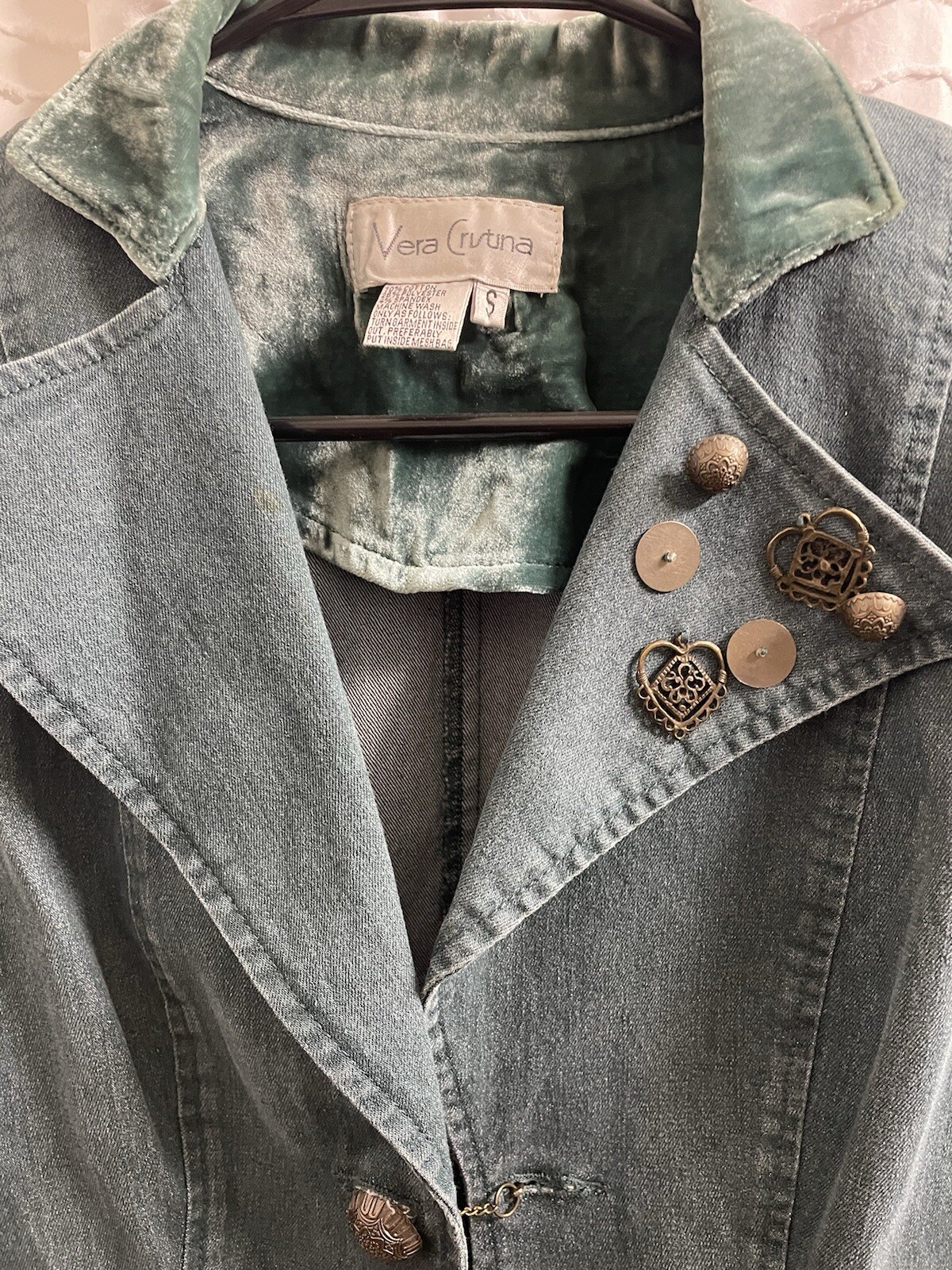 Vintage Vera Cristina Embellished Small Denim and green Velour Collar Jacket