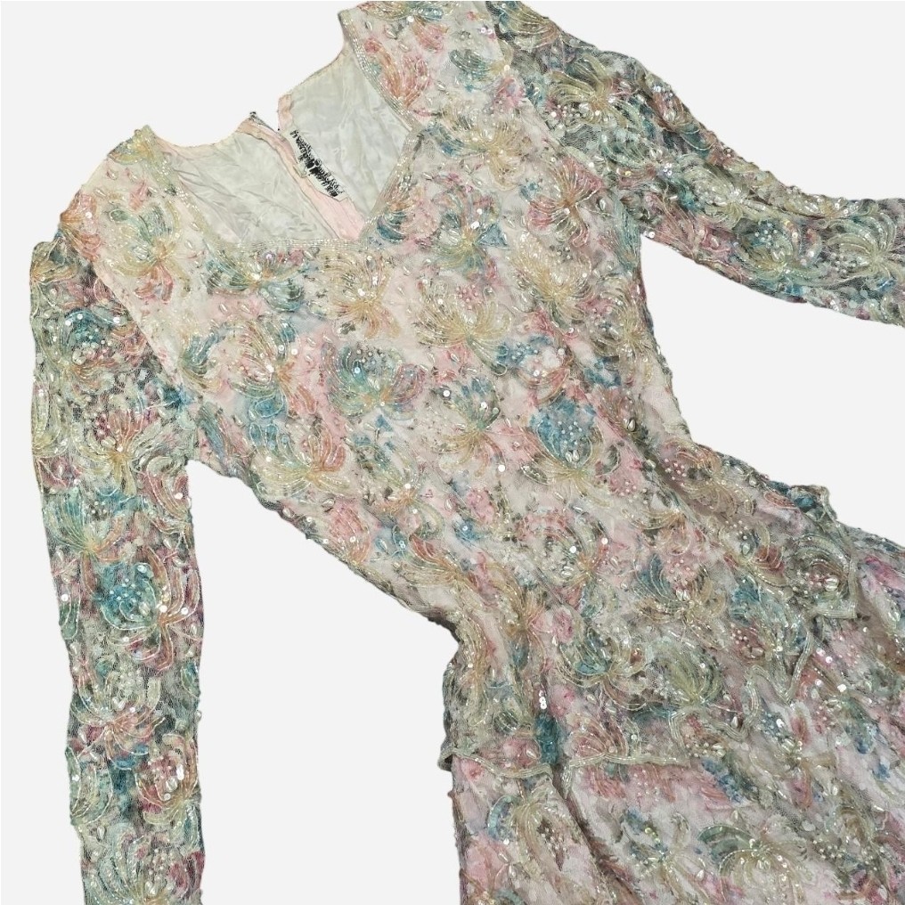Judith Ann Creations Inc. Beaded Vintage Dress M Pink Blue Green Gold
