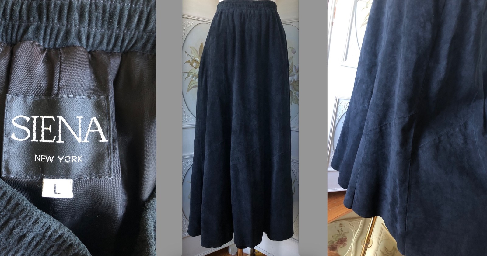 VTG 80s SIENA SUEDE LEATHER SKIRT BLACK SOFT LINED MIDI LENGTH EUC L CLEAN