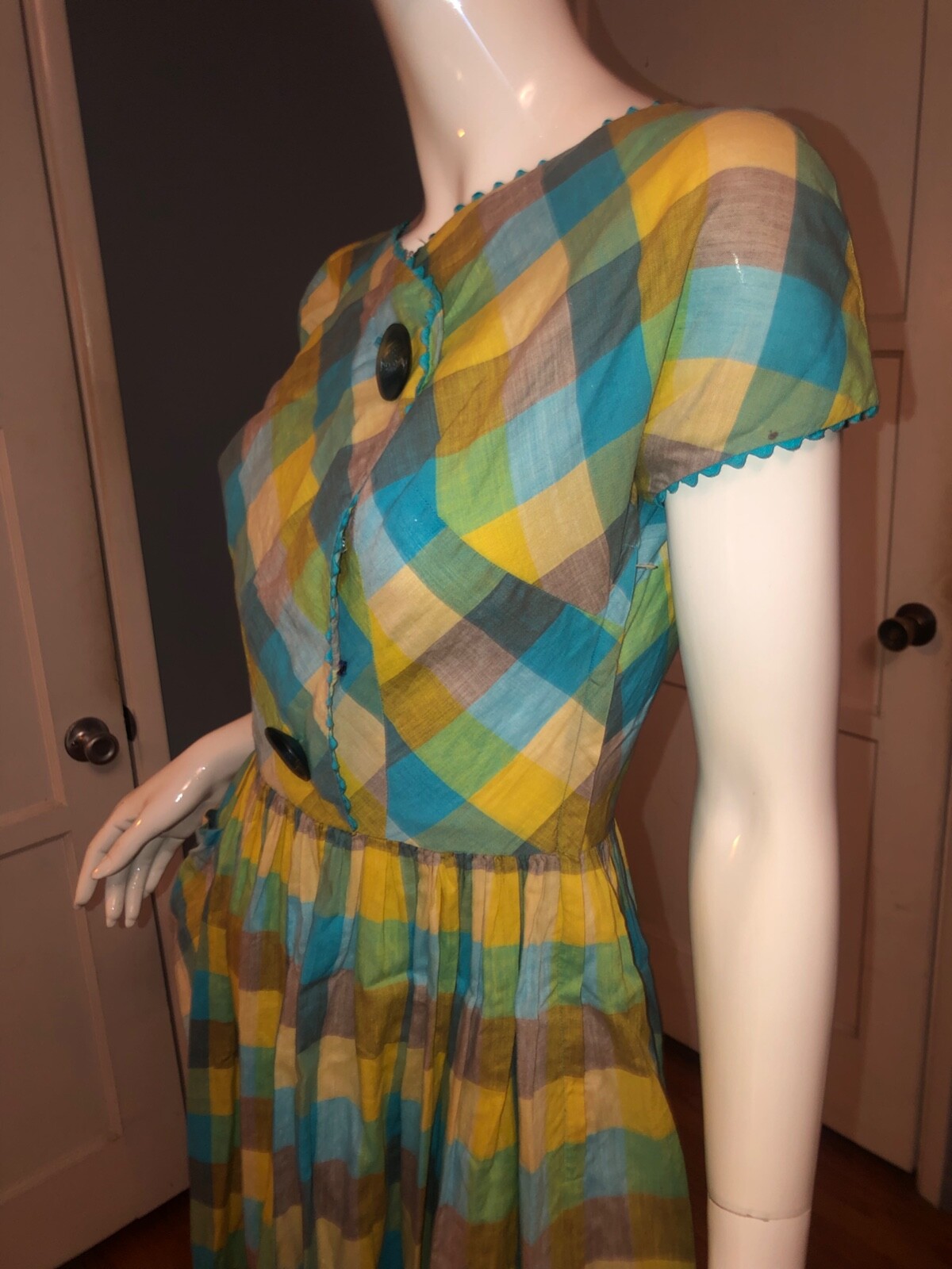 Vtg 40s 50s Cotton GINGHAM PLAID Print FIT FLARE Full Skirt PICNIC DAY Dress S