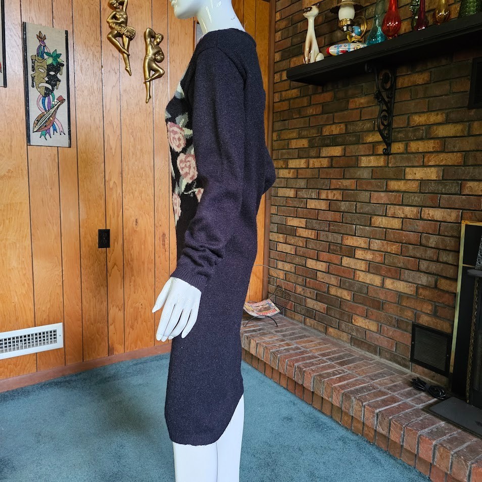Vtg 80s New Wave Preppy Mall Rat Knit Floral Sweater Wiggle Bodycon Dress M/L