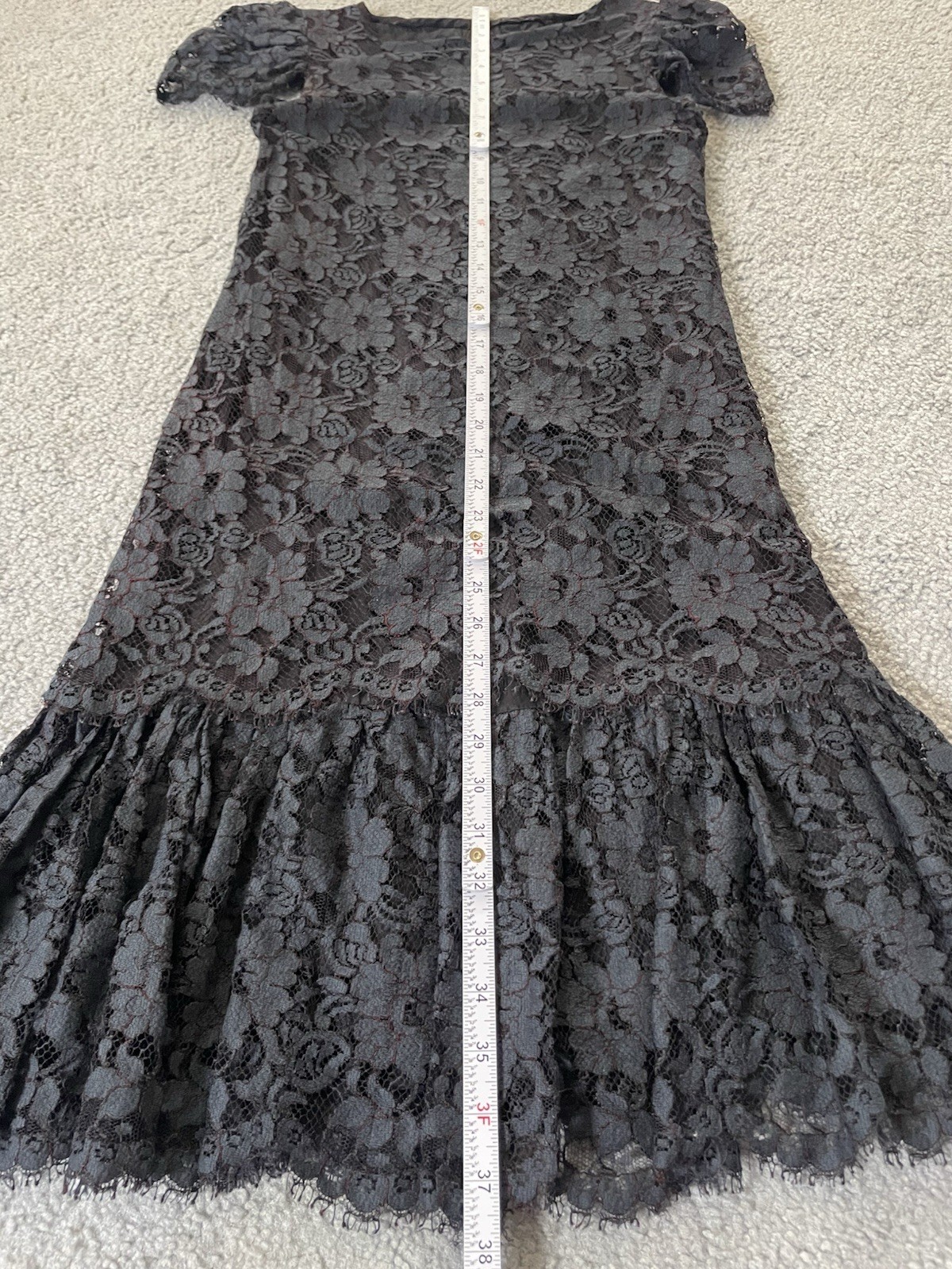 Vtg 70s Layered Floral Lace Dress Sz 4 Gray-Black Balloon Sleeve Ruffles Classic