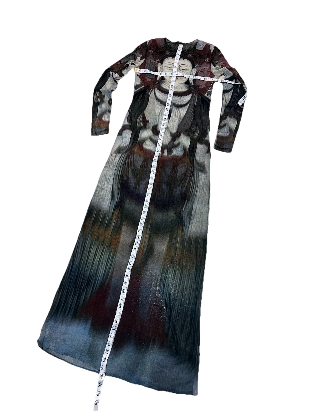 RARE 1997 VIVIENNE TAM CACHÉ SHEER MESH MAXI QUAN YIN PRINT BUDDHA L/S DRESS