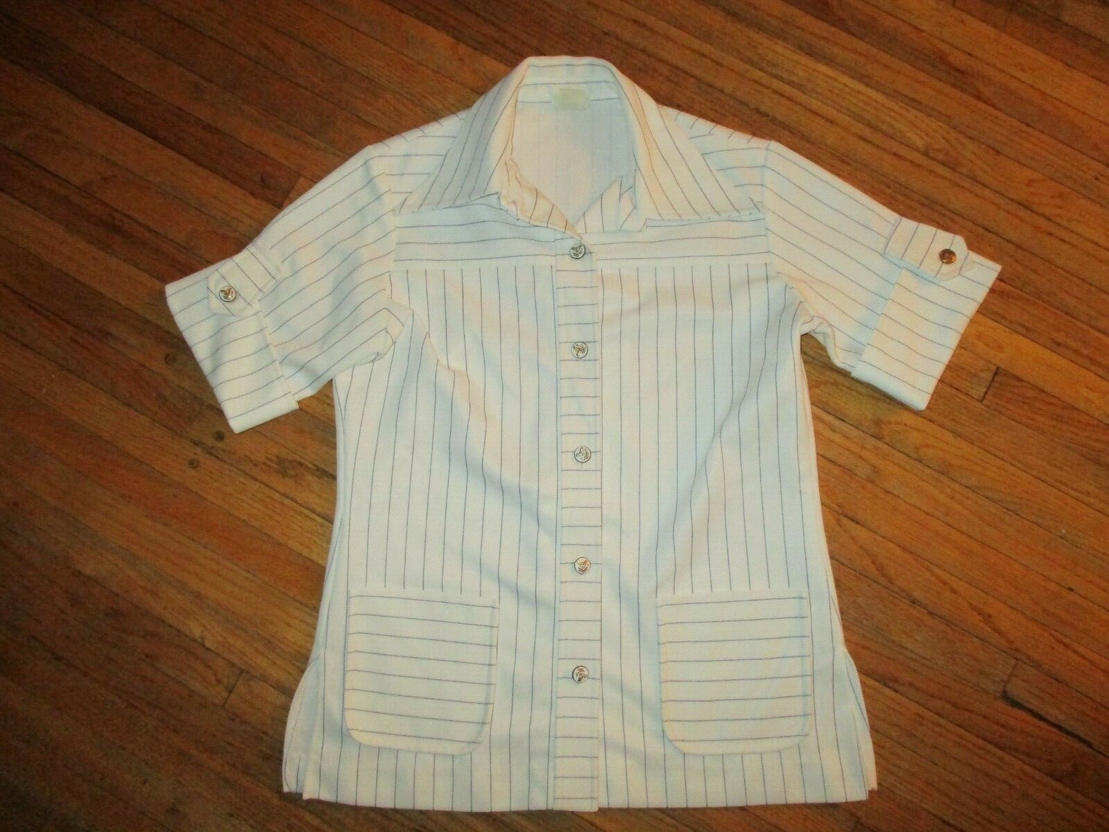 vtg 70s DOUGLAS MARC POLYESTER SHIRT Blouse Top White Blue Pinstripe Eagle USA