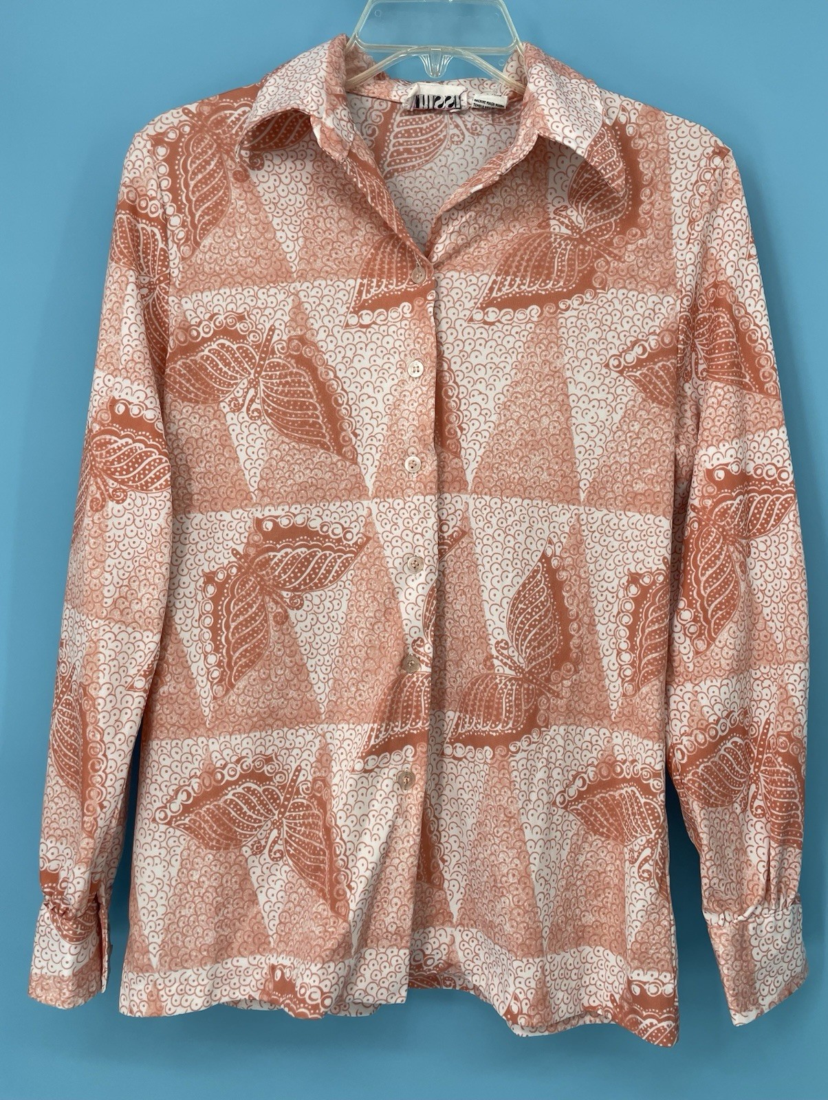 VTG Dagger Collar 1970s TRISSI Hippie Disco Butterfly Print Shirt Top Blouse sm