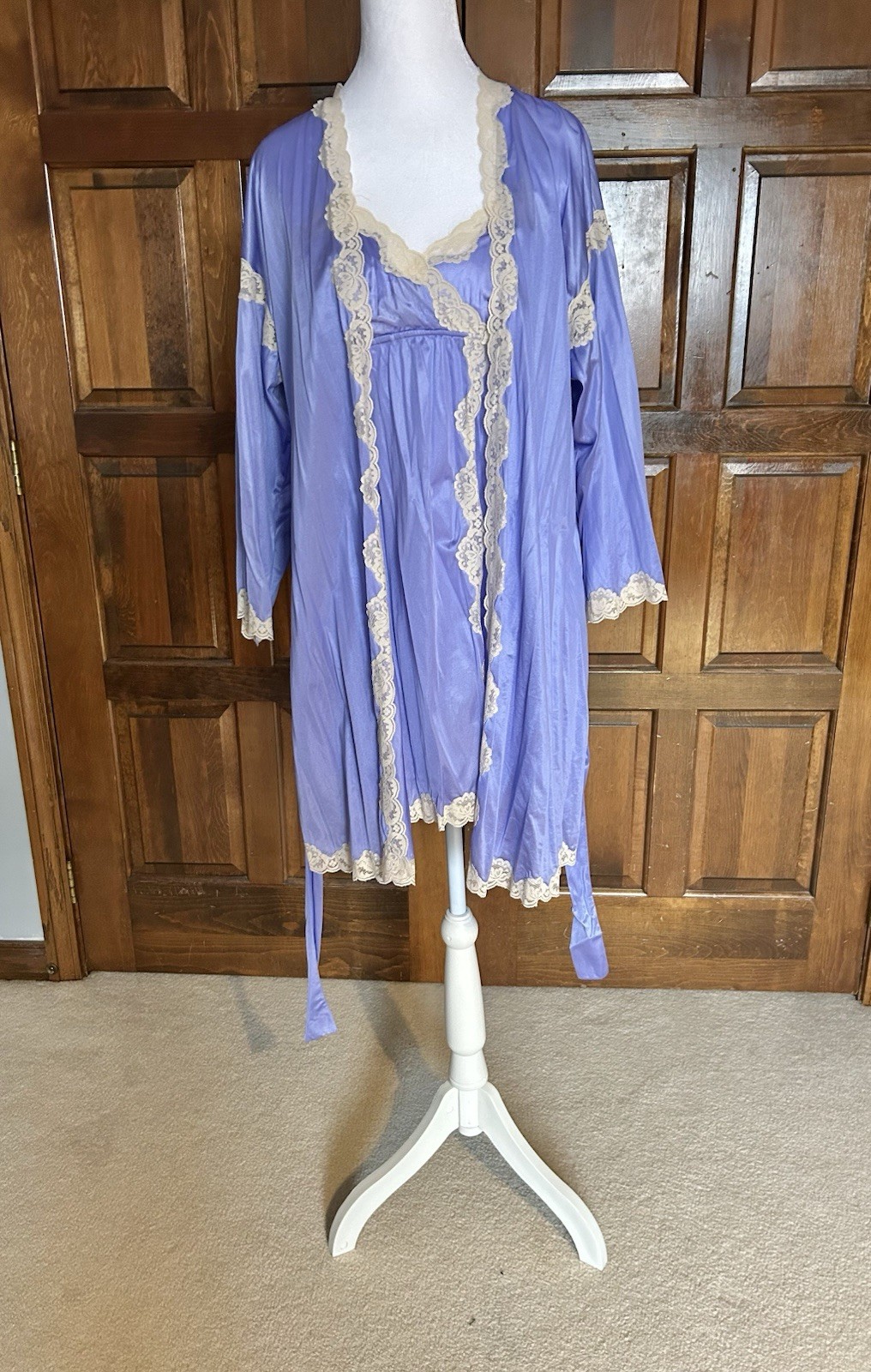 Vtg Papillon Paula Carbone Purple Satin Lace Nightgown Robe Peignoir Set 2pc