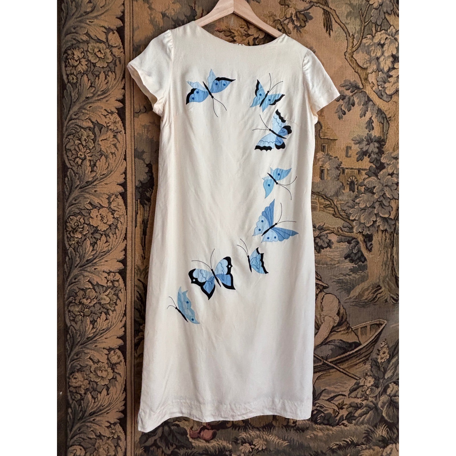 Vintage 60s Phyllis De Trano Cream Butterfly Applique embroidered shift Dress