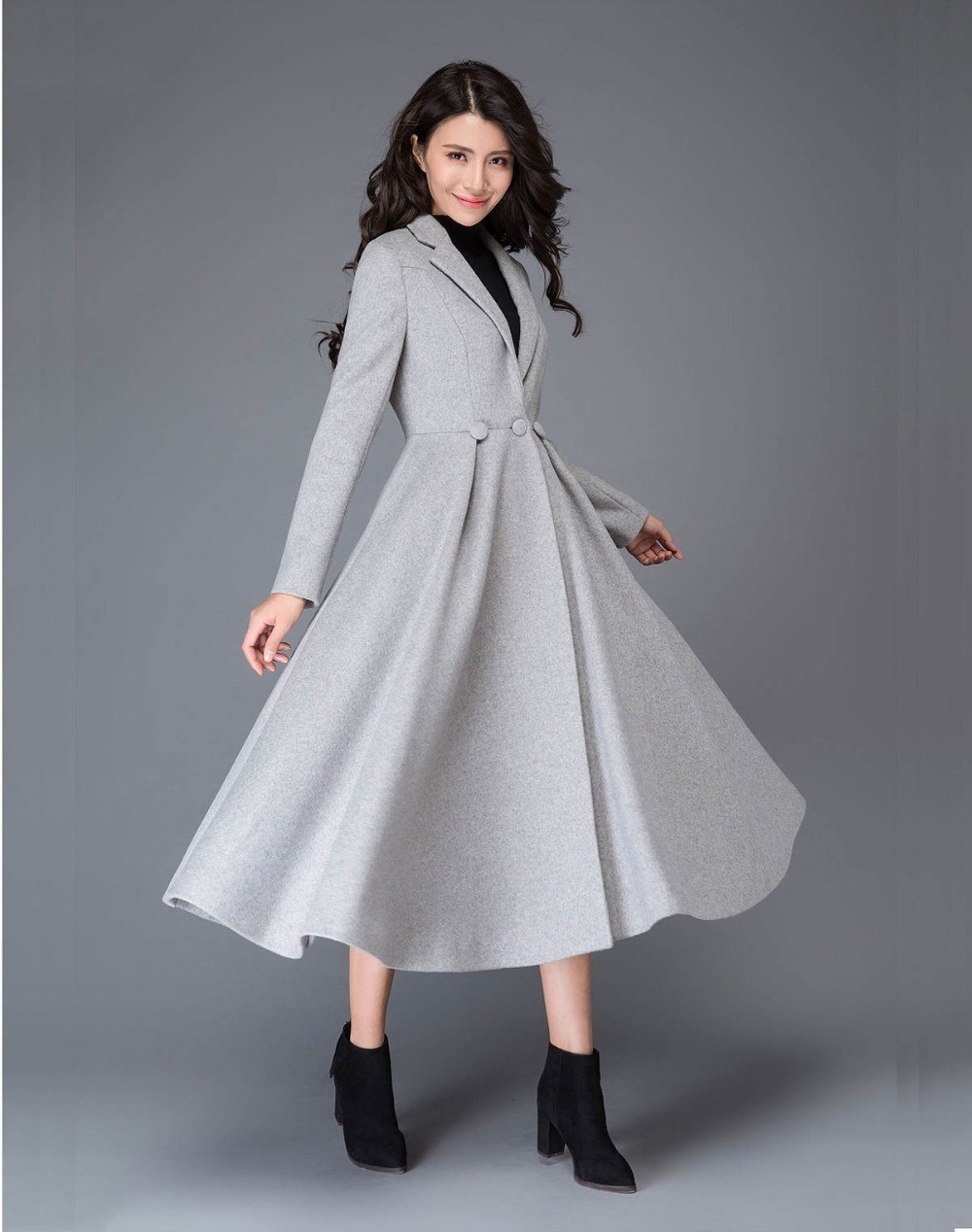 Ladies Grey Coat Jacket Reverse Collar Wide Hem Tweed Long Winter Business