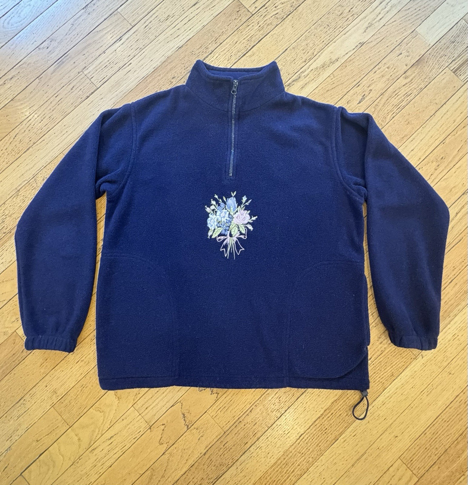 Northern Reflections Vintage Blue Fleece 1/4 Zip Floral Embroidered Pockets M