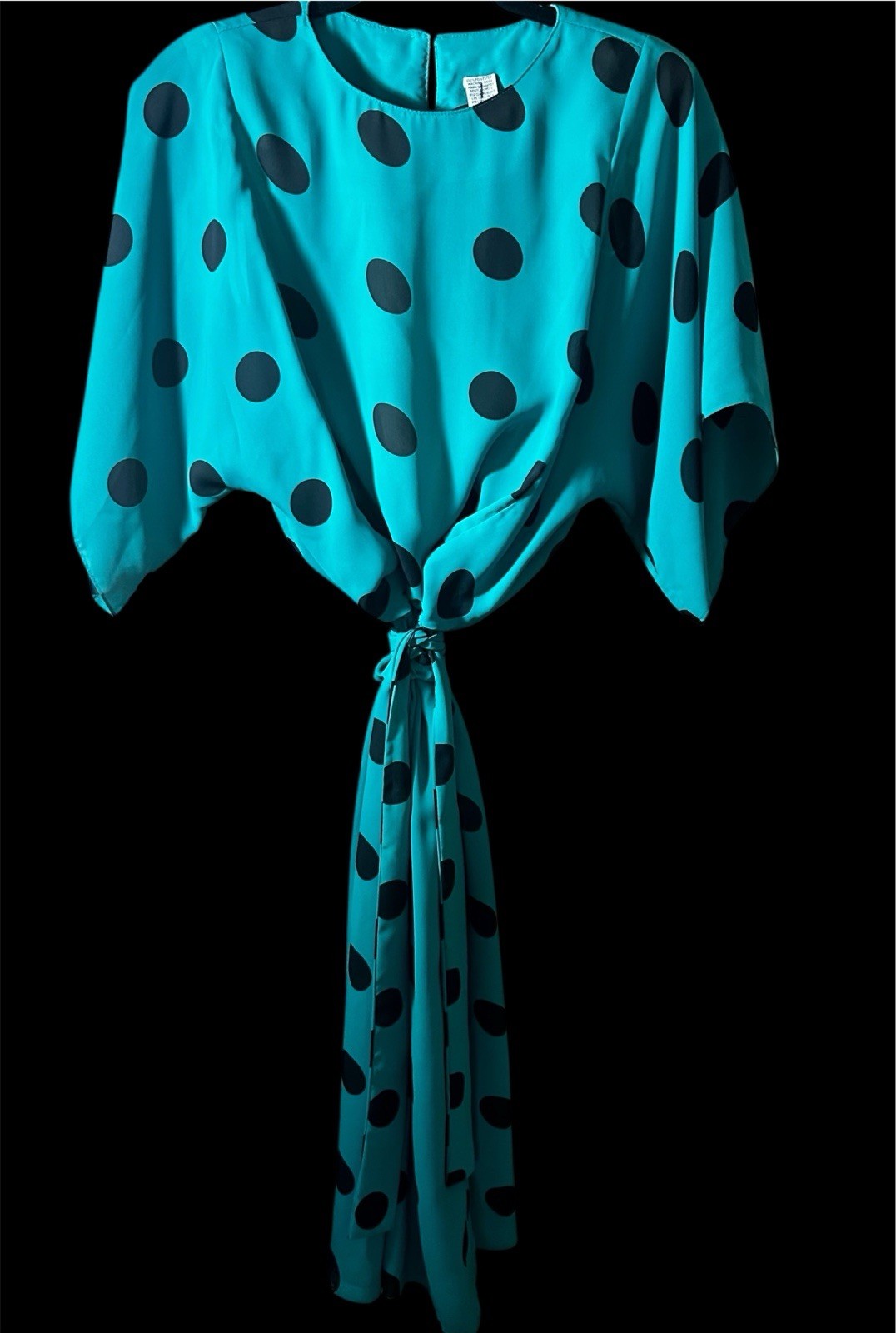 Vintage Silky Black Polka Dot Teal Blouson Belted Midi Dress Totally 80s Size 8