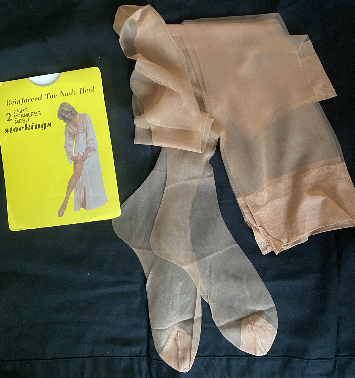 2 Pair Vintage BEIGE 100% NYLON STOCKINGS REINFORCED TOES Nude Heel Box