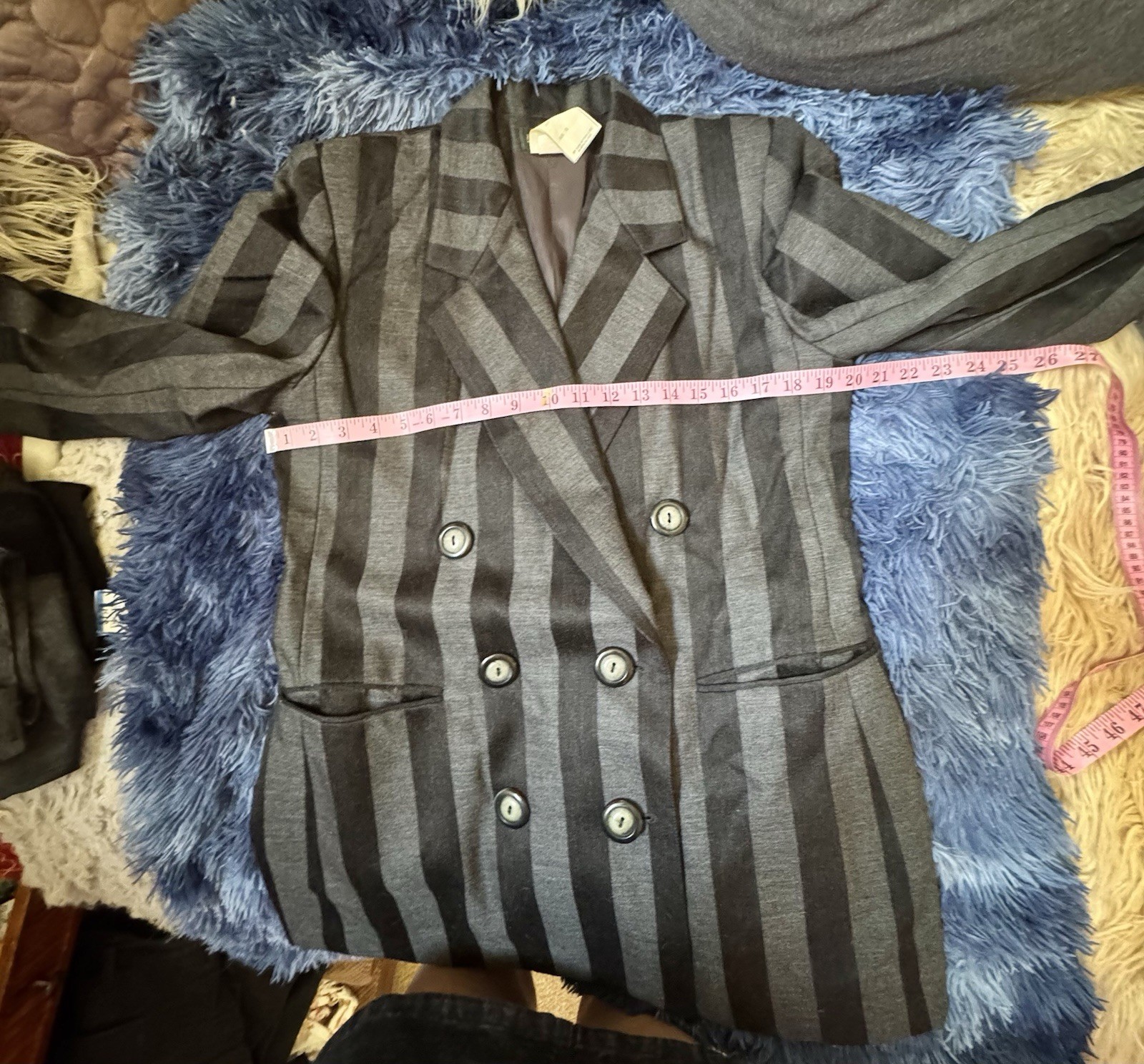 Vtg Harve Benard Wool Black Fray Stripe Blazer Jacket Shoulder Pads Double 12 M
