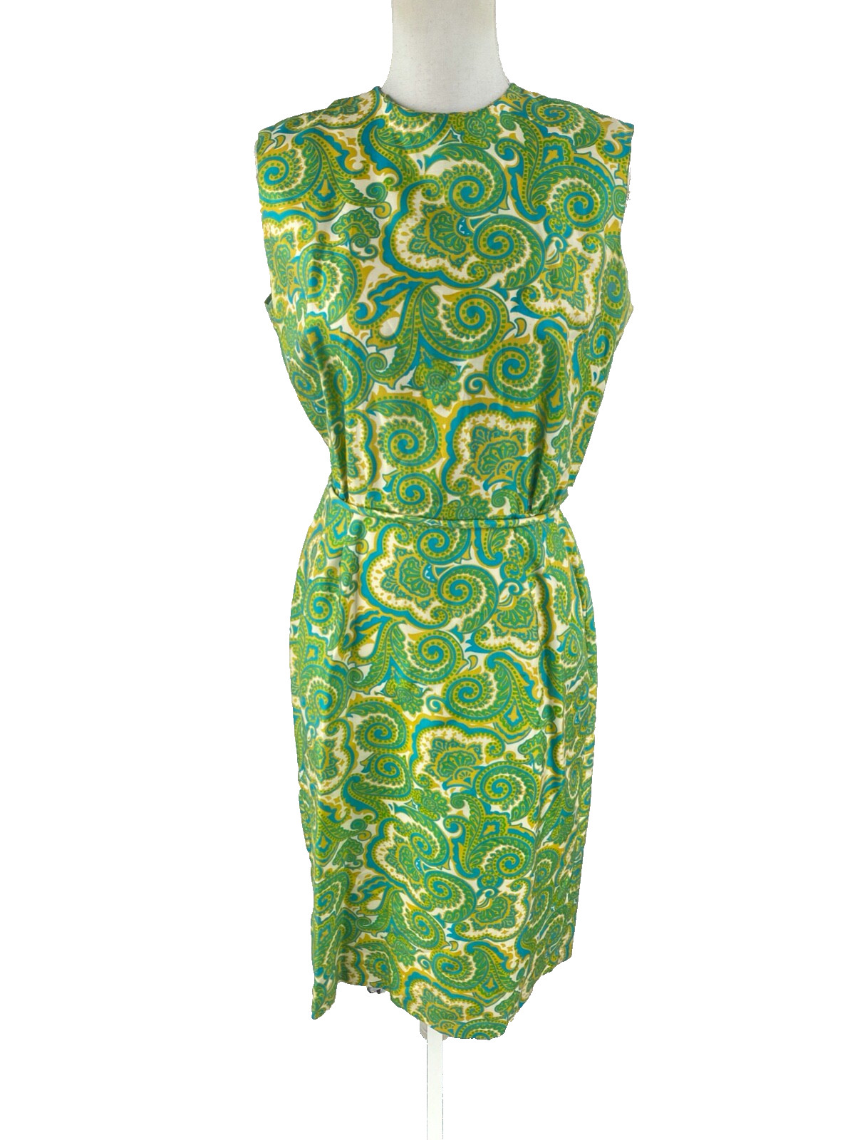 Avalon Pure Silk Vtg 60s Psychedelic AOP Paisley Hippie Boho Midi Sheath Dress