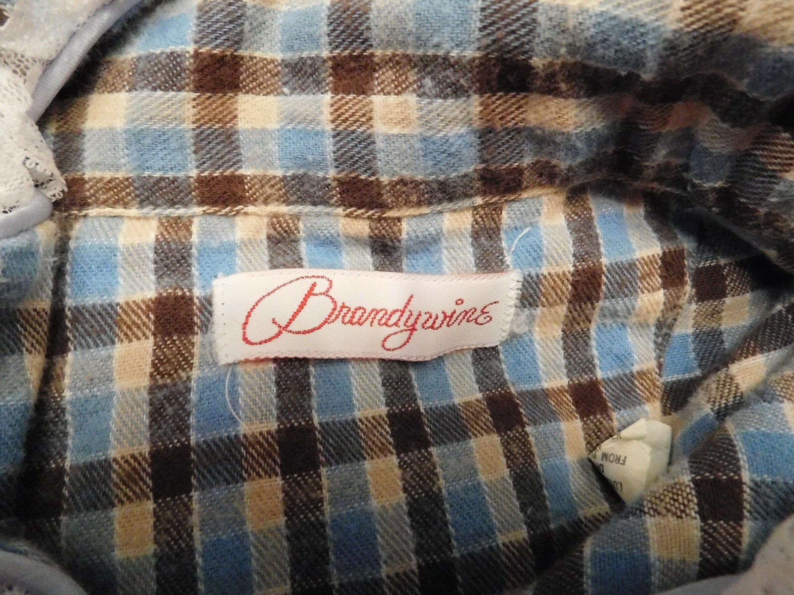 Vintage Size Small Blue Beige Brown Checkered Brandywine Short Flannel Nightgown