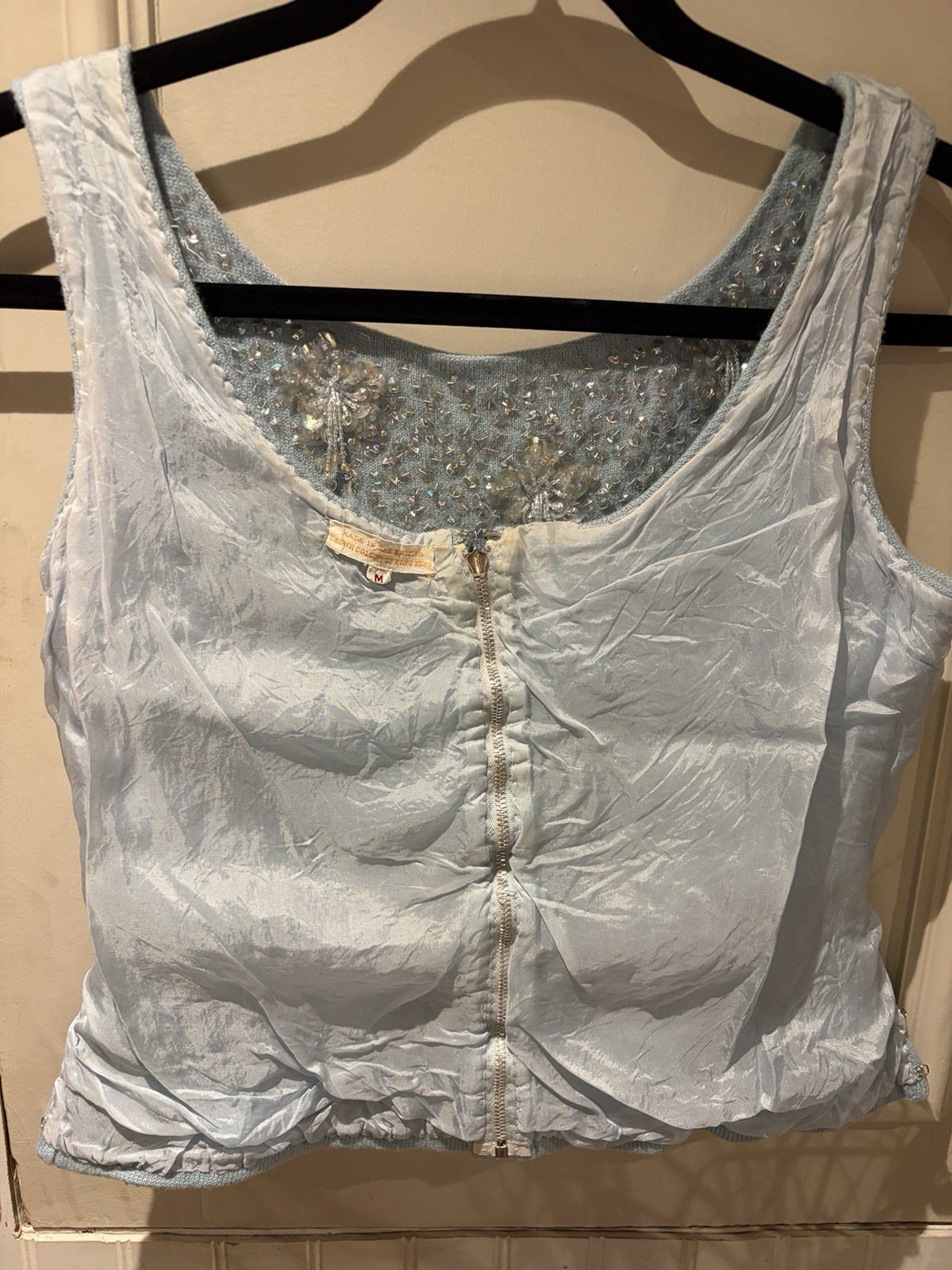 VTG 1950’S/60’S Beaded Shell Top. Icy Blue W/ Clusters Of Beads And Sequins Sz M